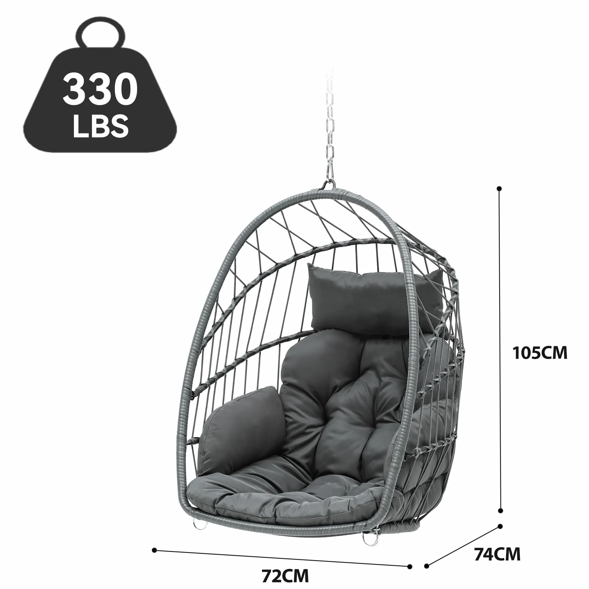 YITAHOME Wiszące Krzesło Do Jajek z 2 Poduszkami - Maksymalne Obciążenie 150 kg, 105 x 74 x 72 cm, Żelazna Stabilna Rama Stalowa, z Łańcuszkiem i Haczykiem
