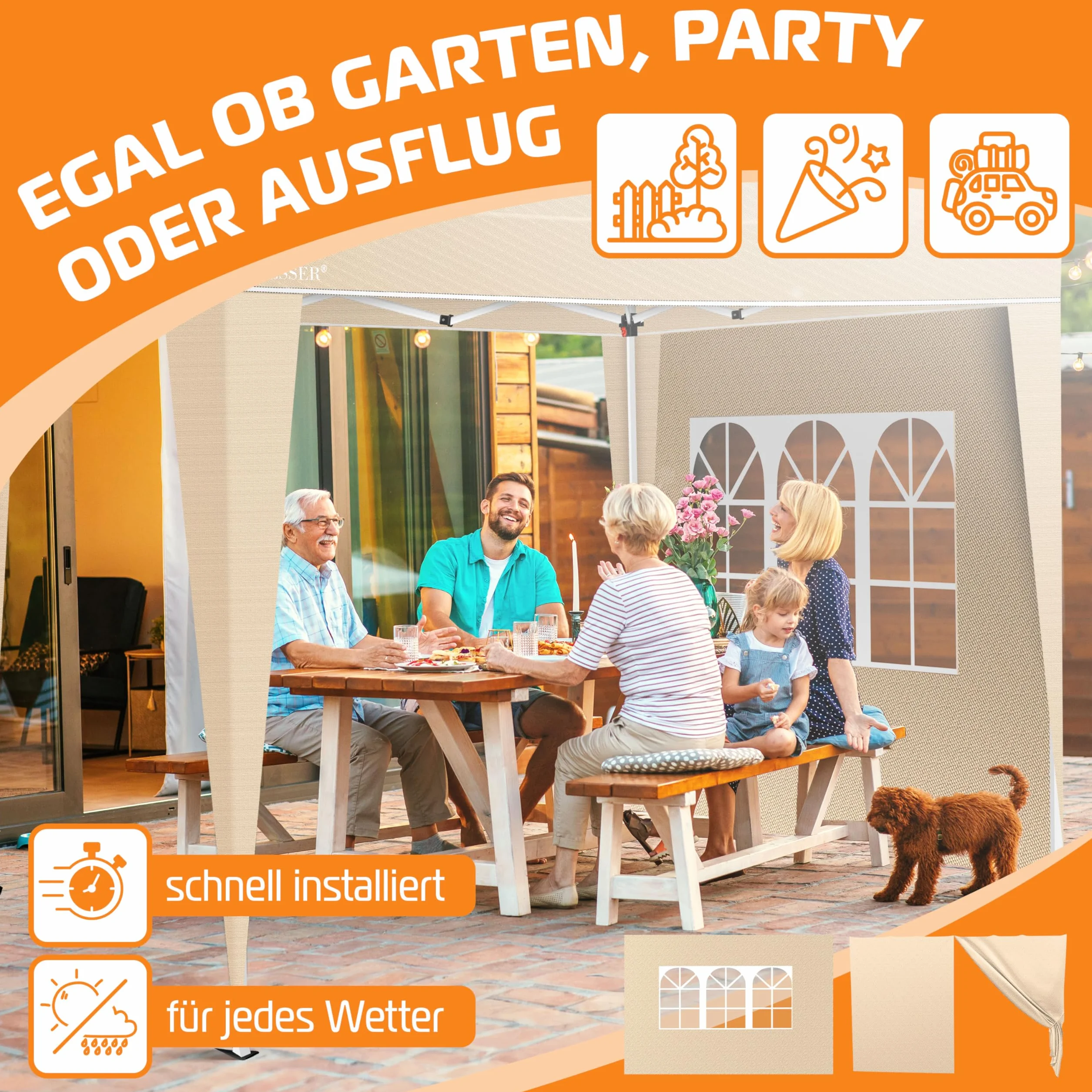 KESSER® 2X Panel boczny do pawilonu 3x3m - Pop Up | składany | oszczędzający miejsce | chowany| z zamkiem błyskawicznym| okno boczne Przezroczysty| Odporny na warunki atmosferyczne - Beżowy