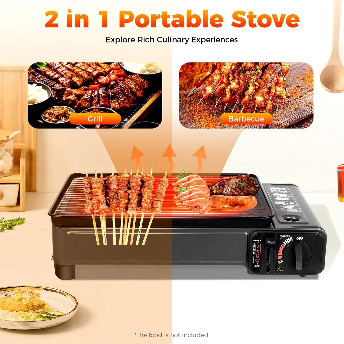 Przenośny grill gazowy, kuchenka gazowa na butan, przenośna kuchenka gazowa na kemping, kolor czarny, żelazo i stal nierdzewna, 41,5 x 28 x 11 cm, z siatką do grillowania i szczotką do oleju, na