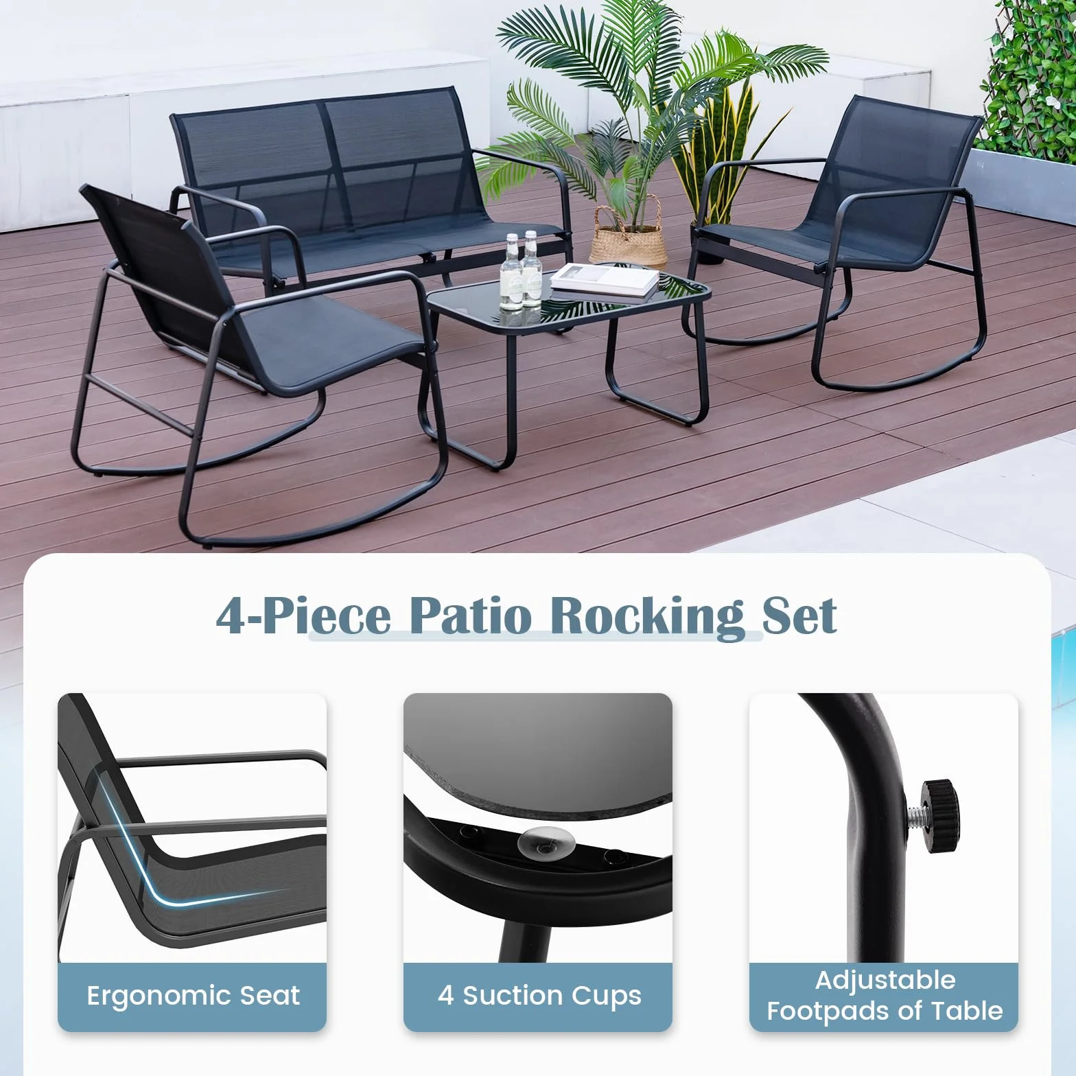 GIANTEX Salon ogrodowy dla 4 osób, stół zewnętrzny z 2 oddychającymi krzesłami bujanymi z tkaniny, 1 sofa, szklany stolik kawowy, meble ogrodowe na balkon, dziedziniec, basen