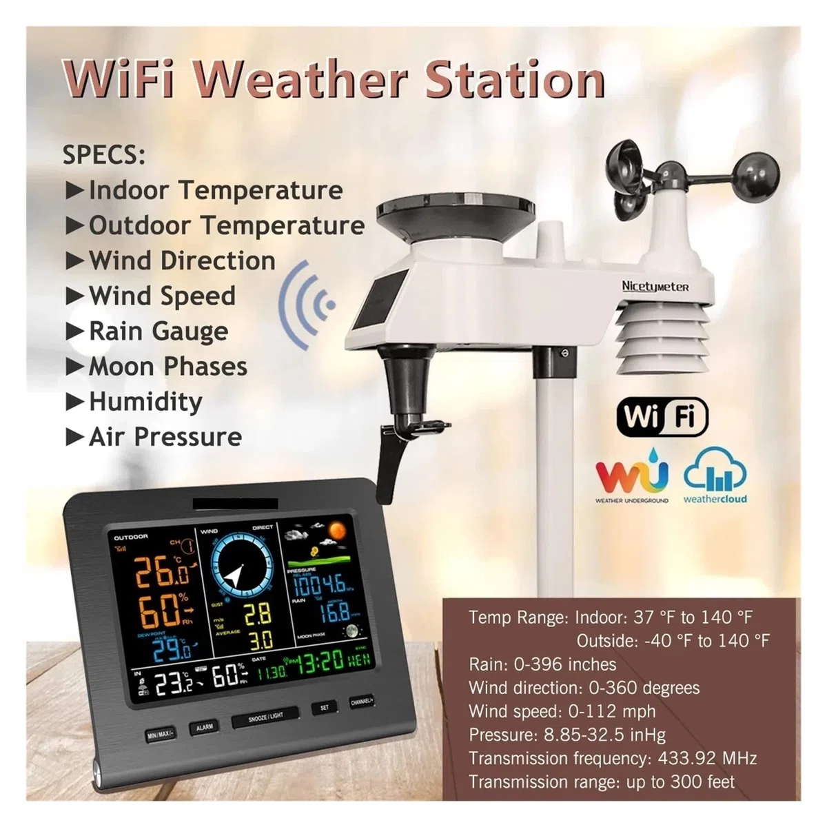 Stacja meteorologiczna, Internet bezprzewodowa stacja pogodowa prognoza pogody temperatura ciśnienie wilgotność wiatr miernik deszczu księżyc fraza budzik Tester(Radio Transmission)