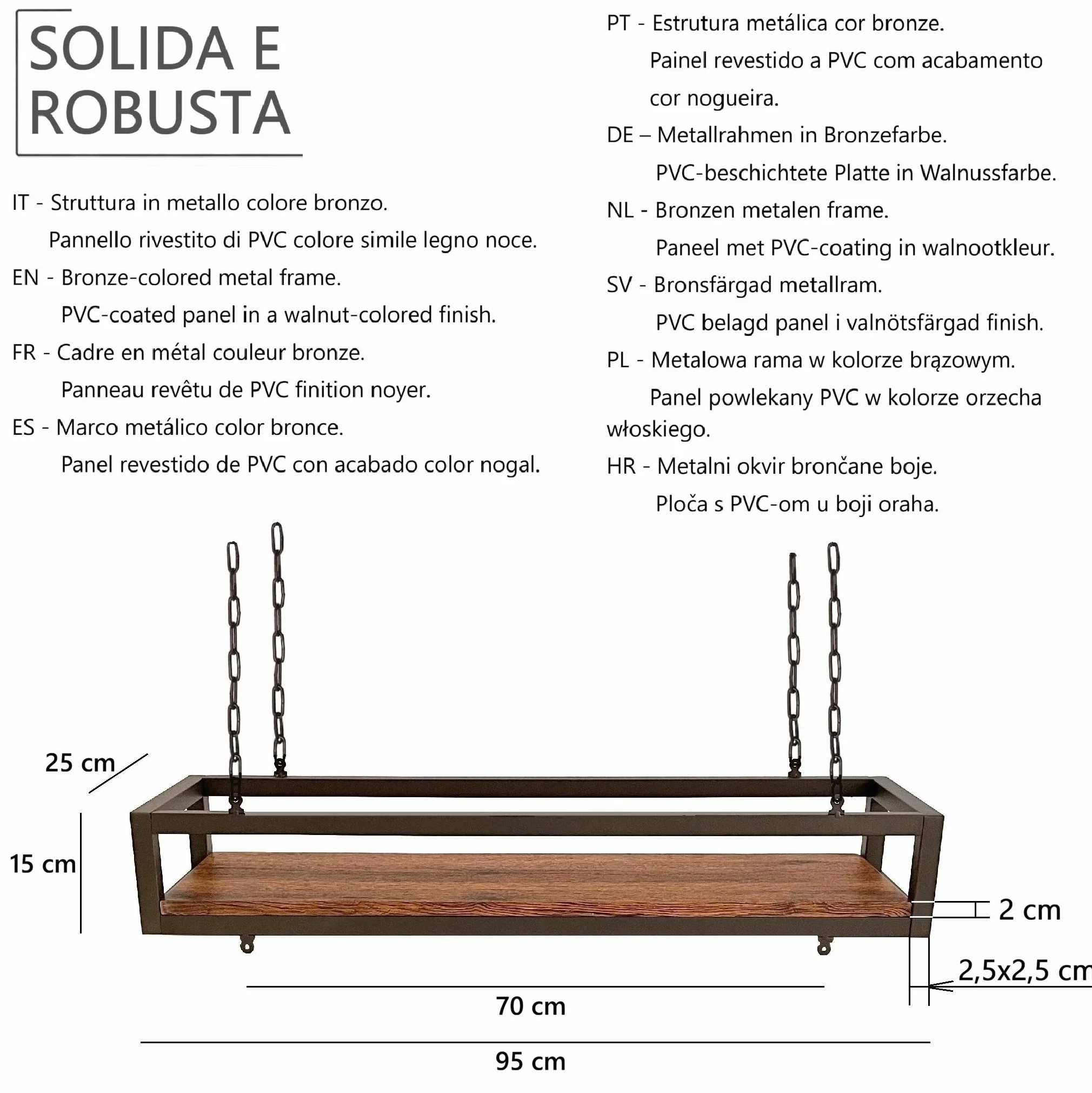 yelloo - Wisząca półka sufitowa z łańcuchami, idealna do stojaków na kwiaty, rośliny wewnątrz i na zewnątrz, klasyczny i elegancki design do domu, ogrodu, balkonu (FLOWERS 95 cm, brązowy/orzech