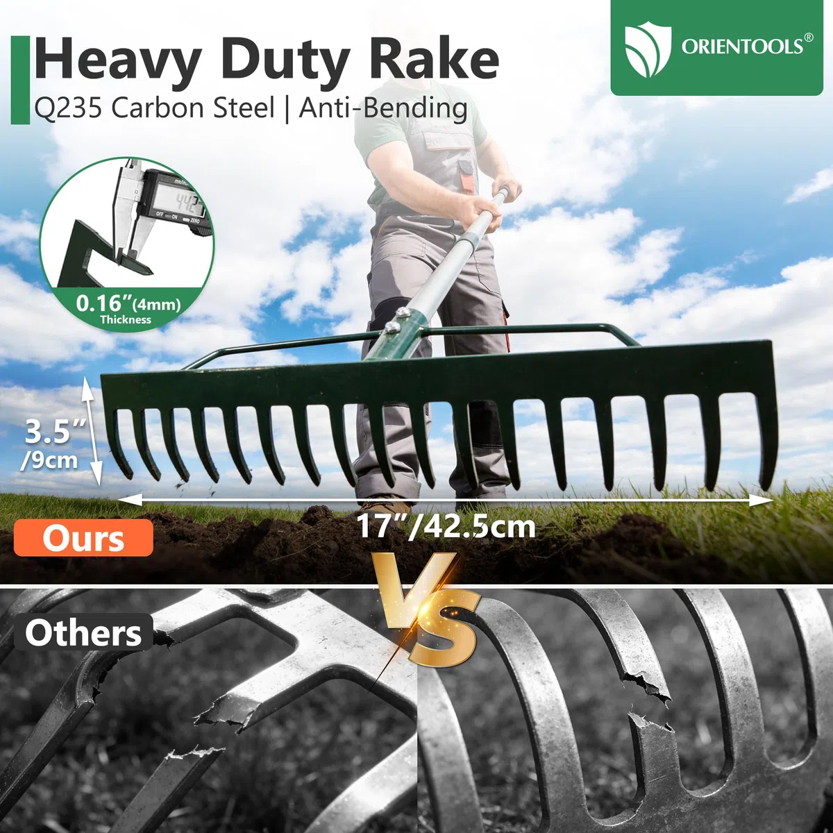 ORIENTOOLS Wytrzymała grabia ogrodowa, szerokość 44 cm, długi uchwyt 160 cm, 1,7 kg do spulchniania gleby, grabienia liści, sadzenia darni, pielęgnacji trawnika