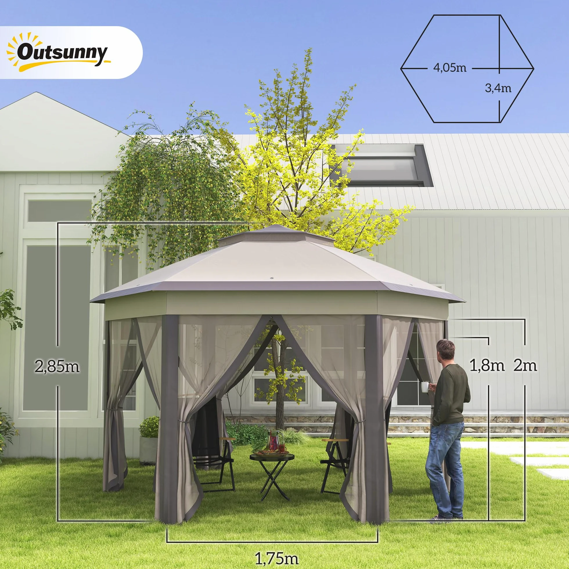 Outsunny Pawilon ogrodowy składany 4x4 m namiot pop-up imprezowy sześciokątny beżowy