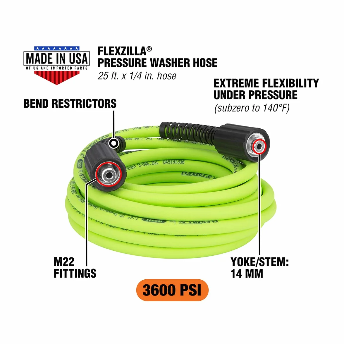 Flexzilla HFZPW36425M-E 3600 PSI, 1/10.2 cm x 25' wąż do myjki ciśnieniowej, ZillaGreen