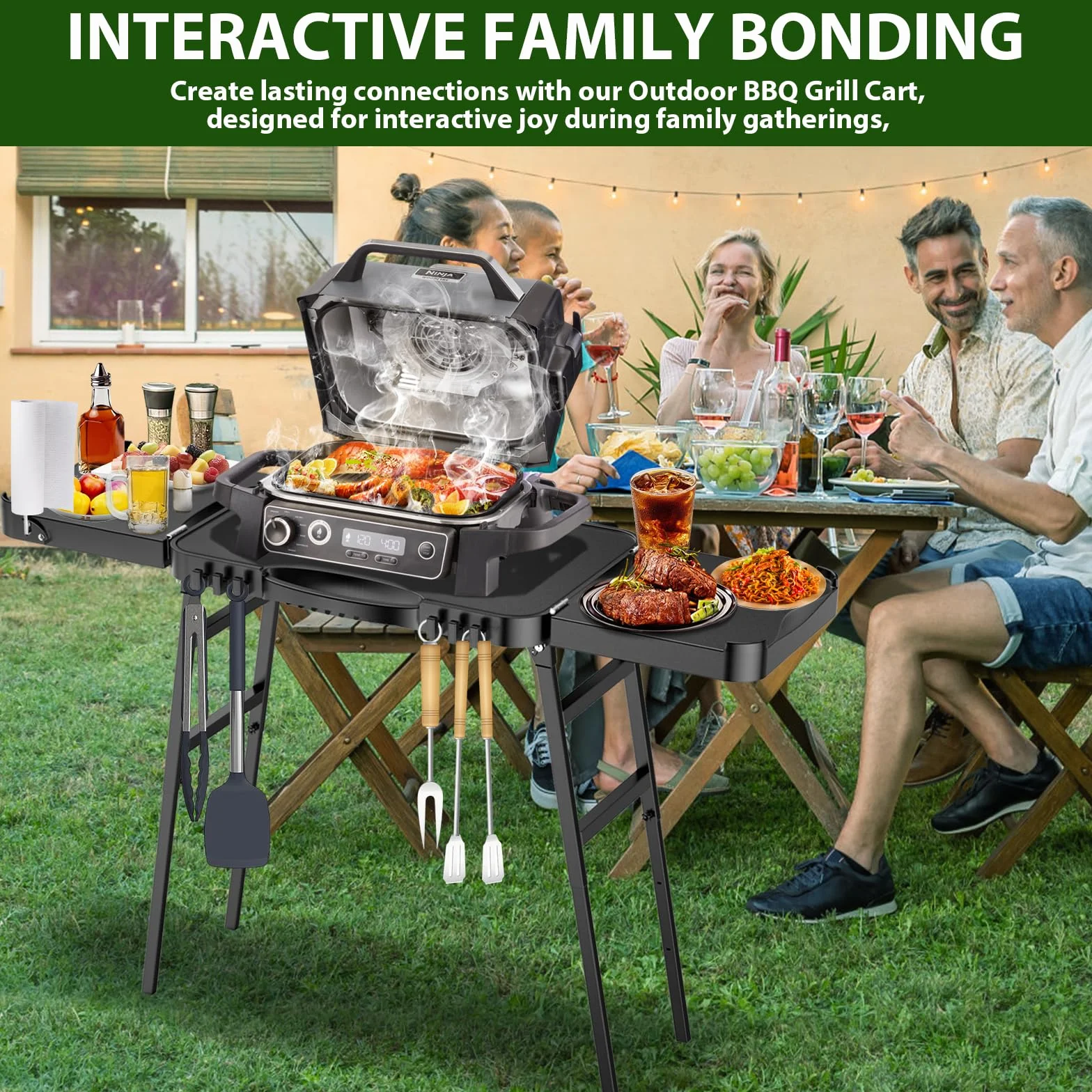 GFTIME Uniwersalny przenośny grill na kółkach Enders Urban, Weber Q100/Q200/Q300, Ninja Woodfire, Burnhard Wayne – składany stojak do grilla na świeżym powietrzu z dużą powierzchnią roboczą i nóżkami