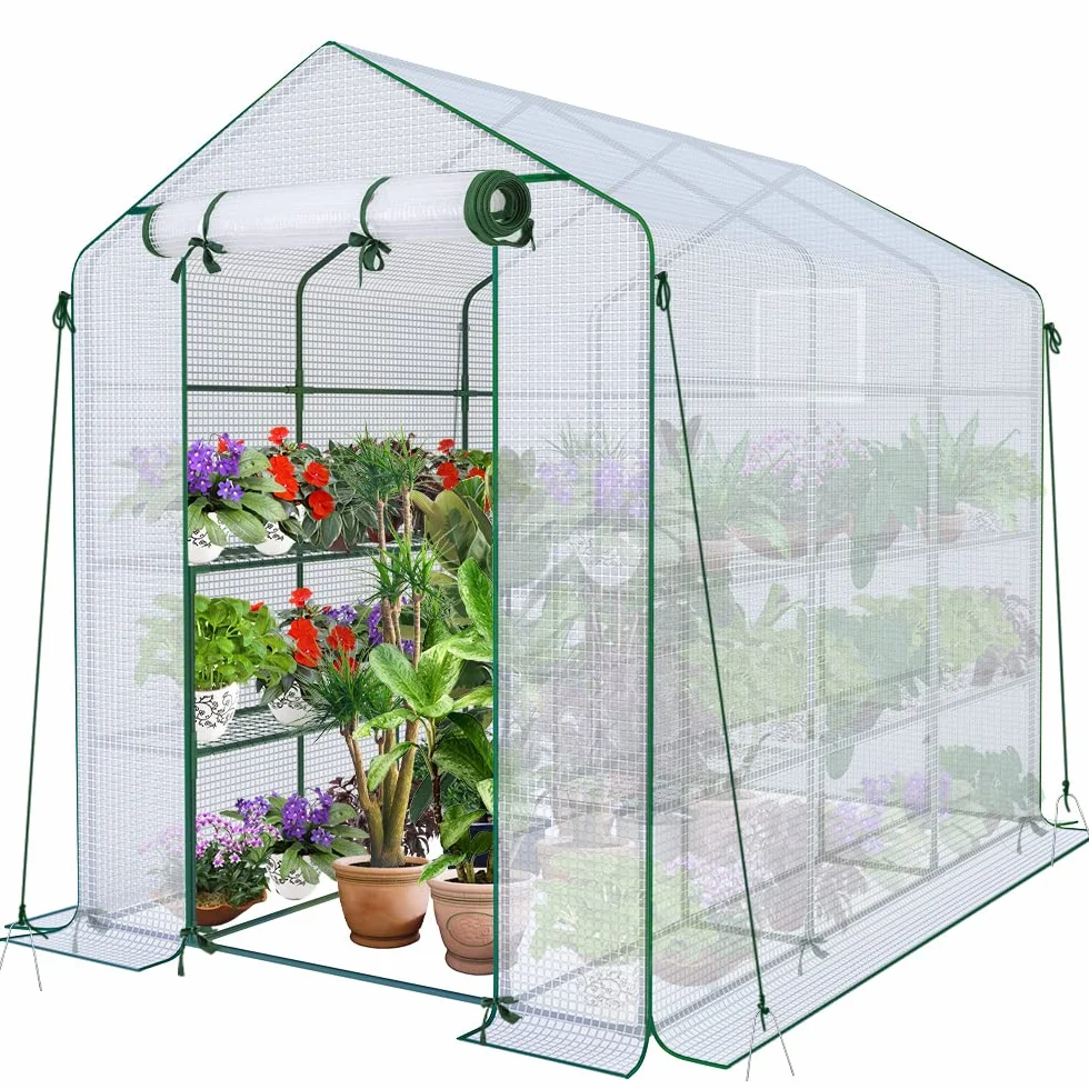 VOUNOT PE szklarnia ogrodowa z półkami 3 poziomami szklarnia ogrodowa do warzyw kwiaty wzmocniona plandeka 135g/m2 chroni rośliny o każdej porze roku 143x215x195cm