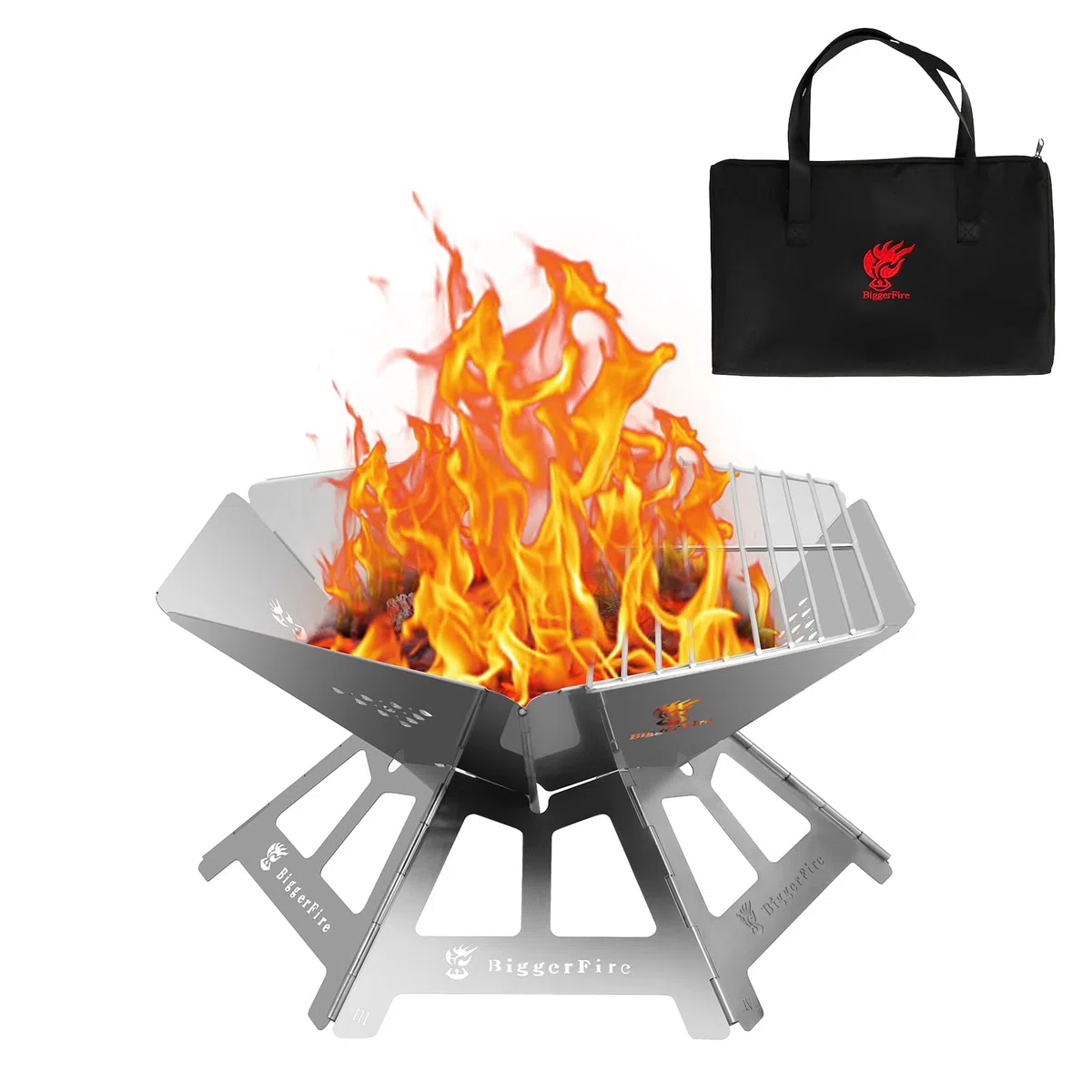 Składana przenośna palenisko, paleniska ze stali nierdzewnej z siatką grillową na węgiel i torbą do przechowywania, palenisko kempingowe do grillowania na tarasie na zewnątrz, ognisko kempingowe