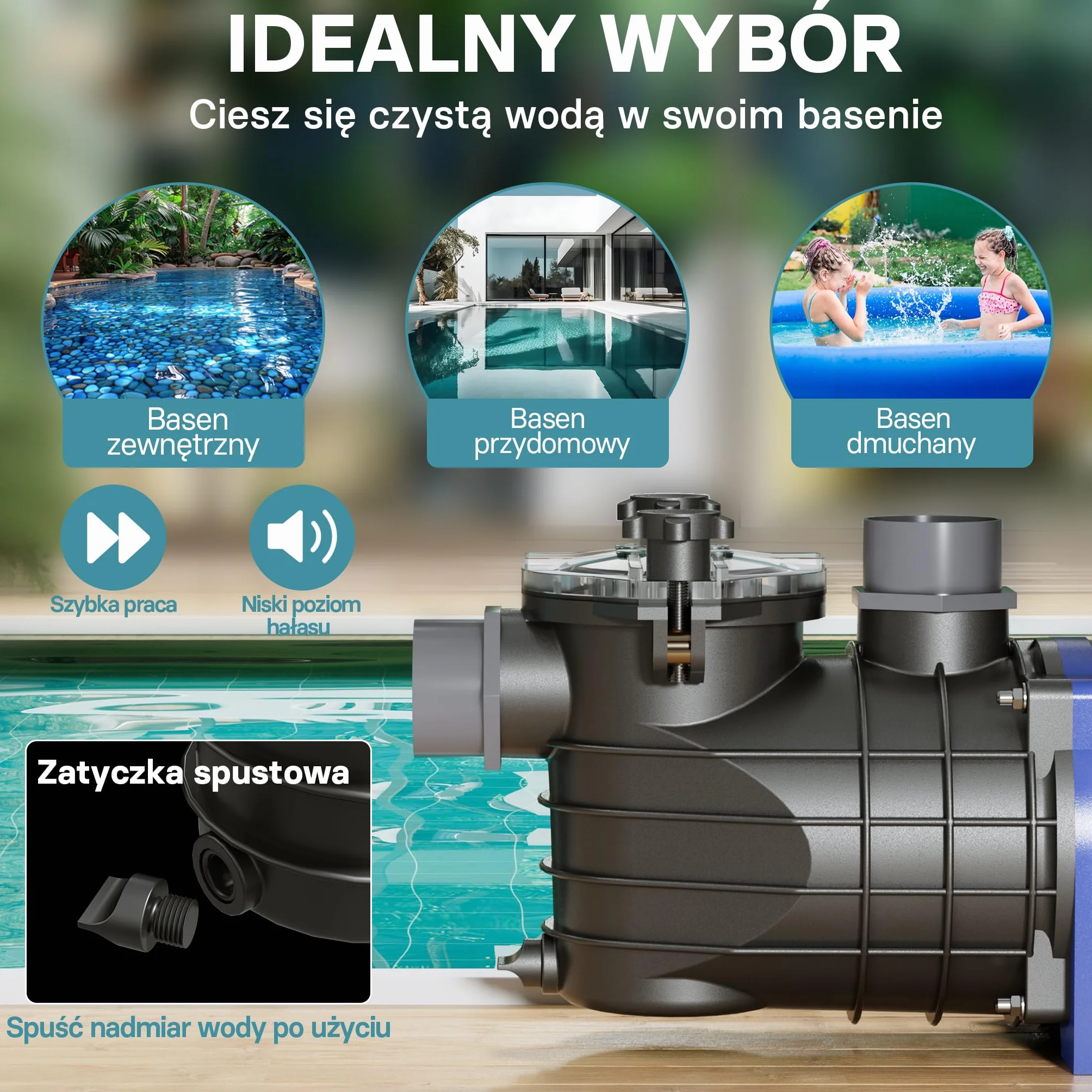 WilTec Pompa basenowa 13200 l/h, 370 W cicha pompa filtrująca i cyrkulacyjna, skuteczna pompa wodna do basenu, trwała i antykorozyjna konstrukcja