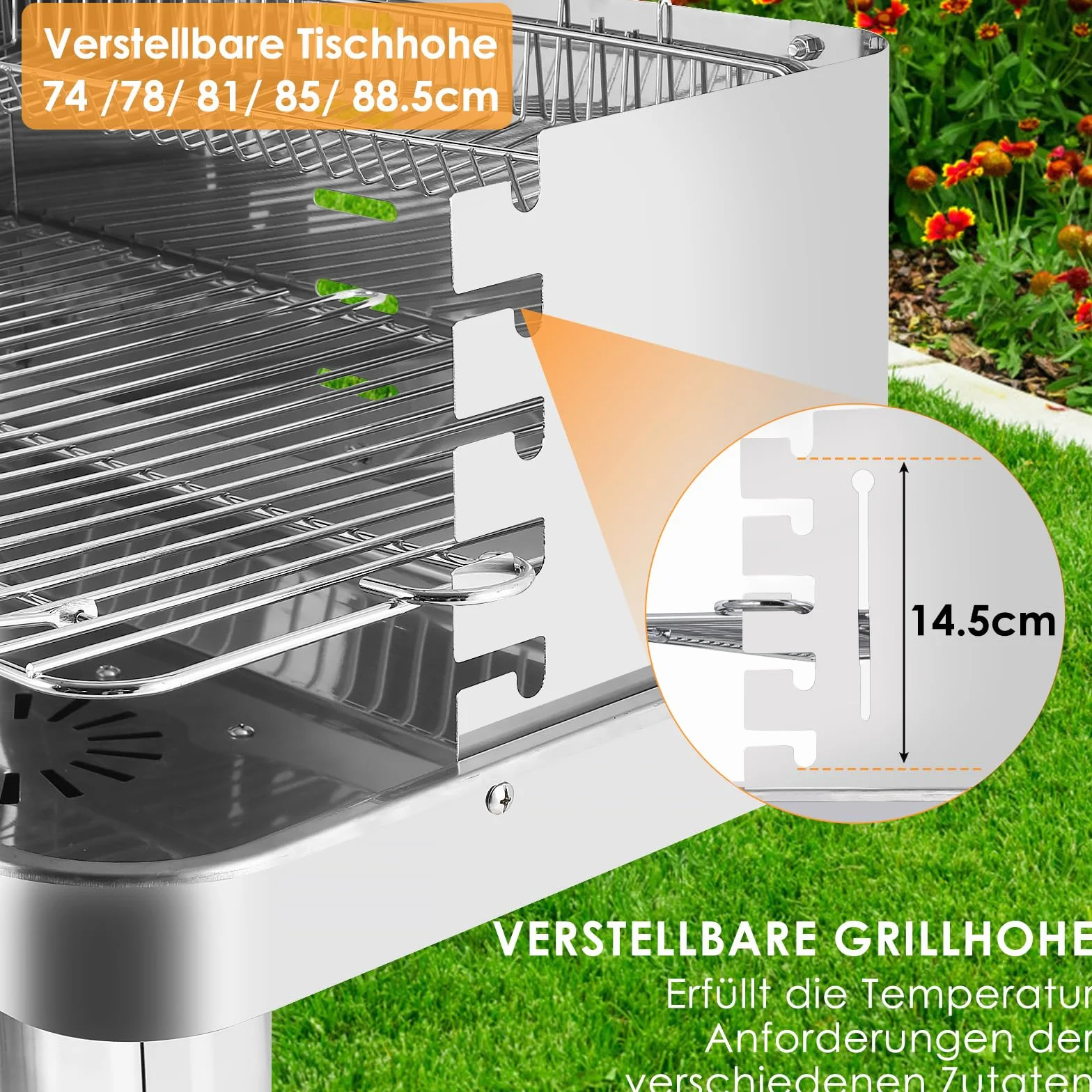TLGREEN Grill na węgiel drzewny, stal nierdzewna, 57 x 38 x 90 cm, wysokiej jakości grill ze stali nierdzewnej z 5-stopniową regulacją wysokości, chromowanym rusztem do grillowania, pojemnikiem na