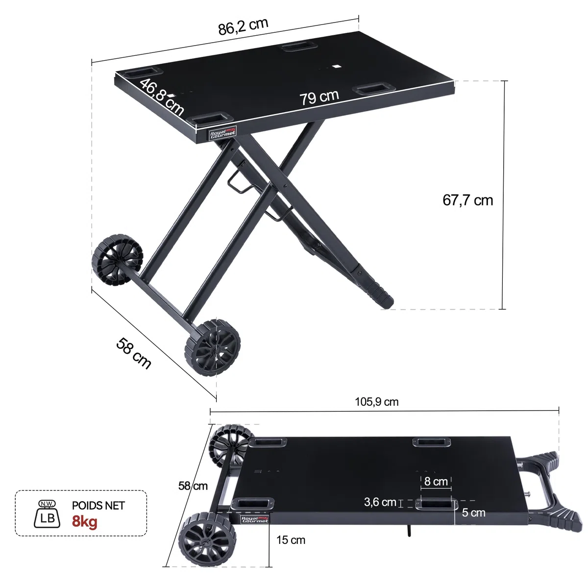 Royal Gourmet GT2201C-E przenośny składany wózek grillowy, składany wózek na deskę z 2 hakami do serii GT2005-F, odpowiedni na kemping, blat stołu 79 x 46,8 cm