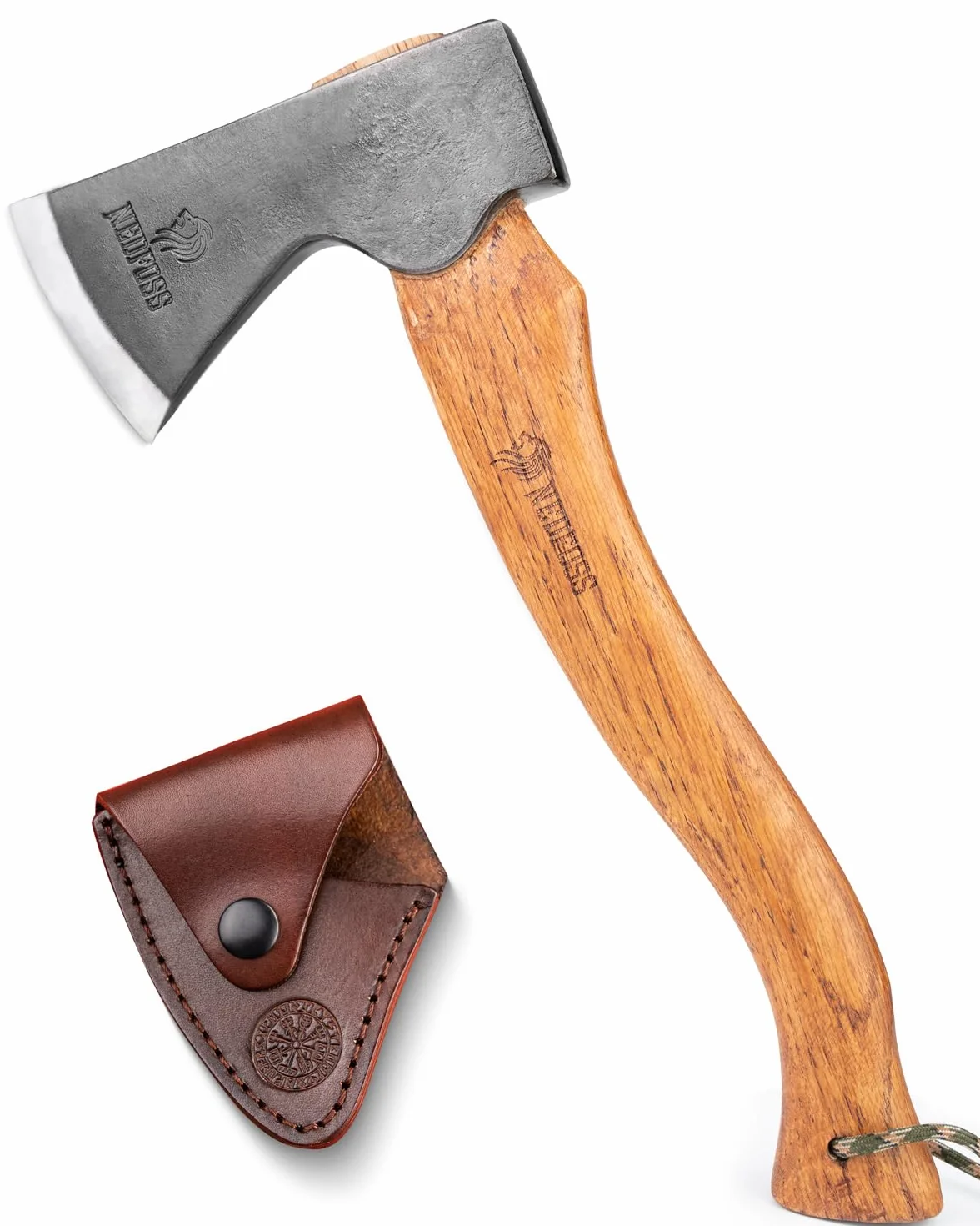 NedFoss Siekiera survivalowa, siekiera wikingów z drewnianym uchwytem, z pochwą, siekiera bushcraft, do rozłupywania, ostra, uniwersalna, wysokiej jakości, do ogrodu, na kemping, na zewnątrz, 38 cm