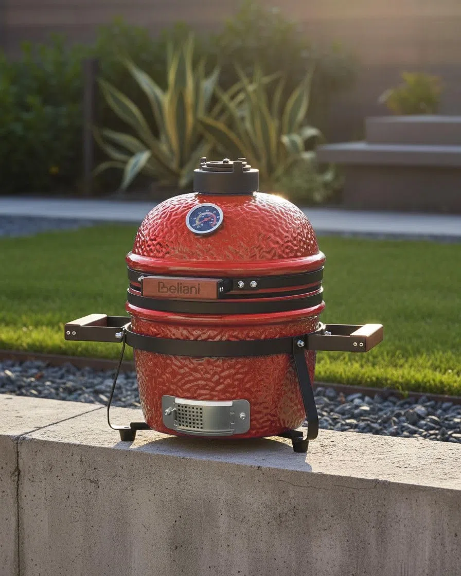Ogrodowy mini grill węglowy ceramiczny przenośny z pokrywą termometerem rusztem czerwony Kamado