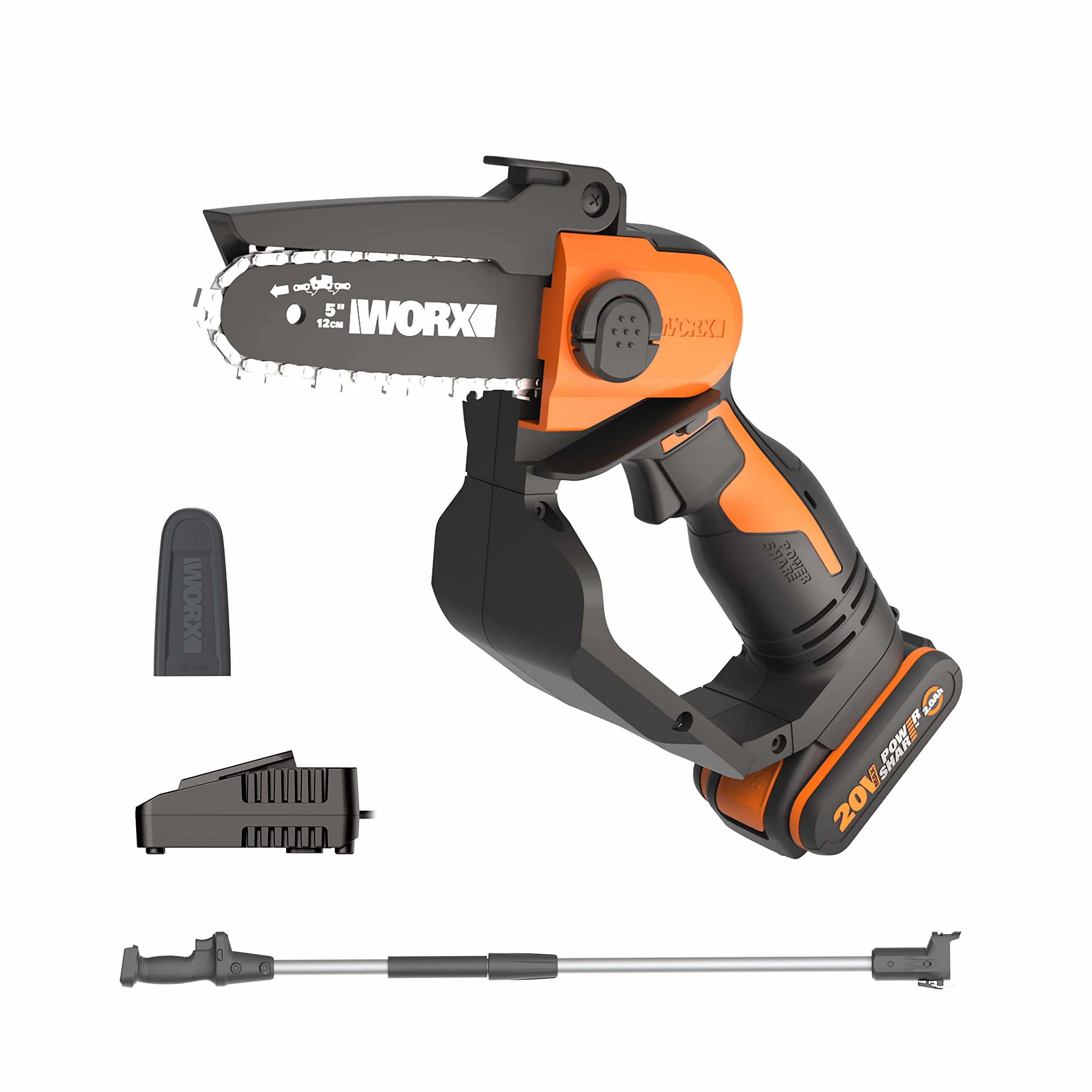 WORX Mini akumulatorowa piła łańcuchowa 18V (20V MAX) WG324E.1, PowerShare, przenośna mini piła łańcuchowa elektryczna, pręt 12 cm