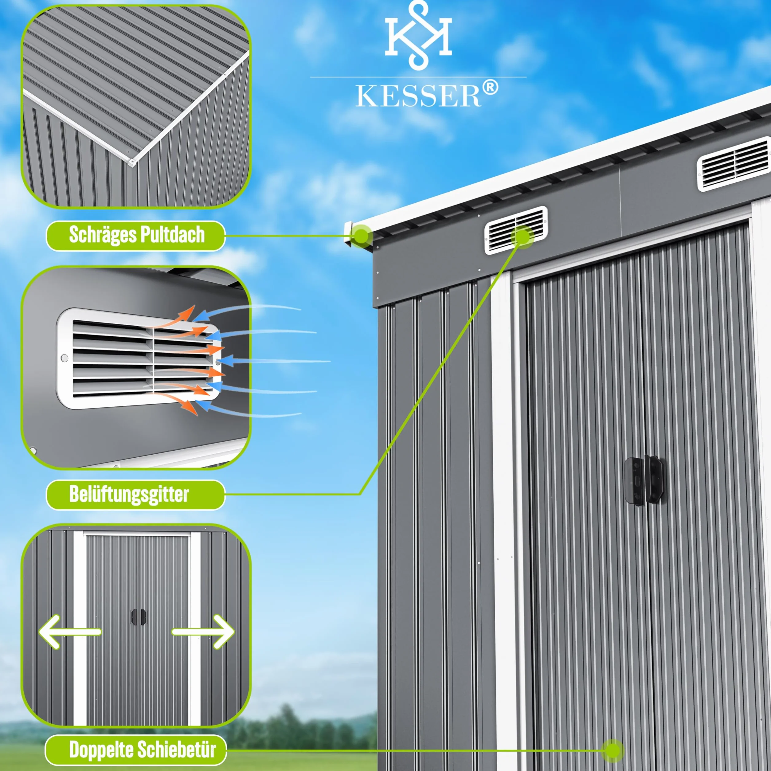 KESSER® - Domek na narzędzia L metalowy 4 m³ z fundamentem | 210 x 132 x 186 cm | 2 x drzwi przesuwne i fundament | szopa na narzędzia | szopa ogrodowa | szopa ogrodowa | dach jednospadowy szopa