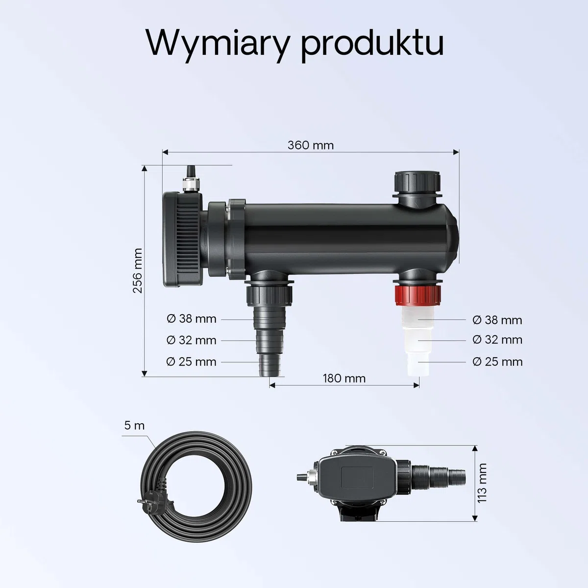 SunSun CUV-318 Odmulacz do oczka wodnego 3000 l/h / 18 W Odmulacz wstępny UVC do filtra i pompy do oczka wodnego Odmulacz z lampą UV Filtr świetlny do zwalczania glonów