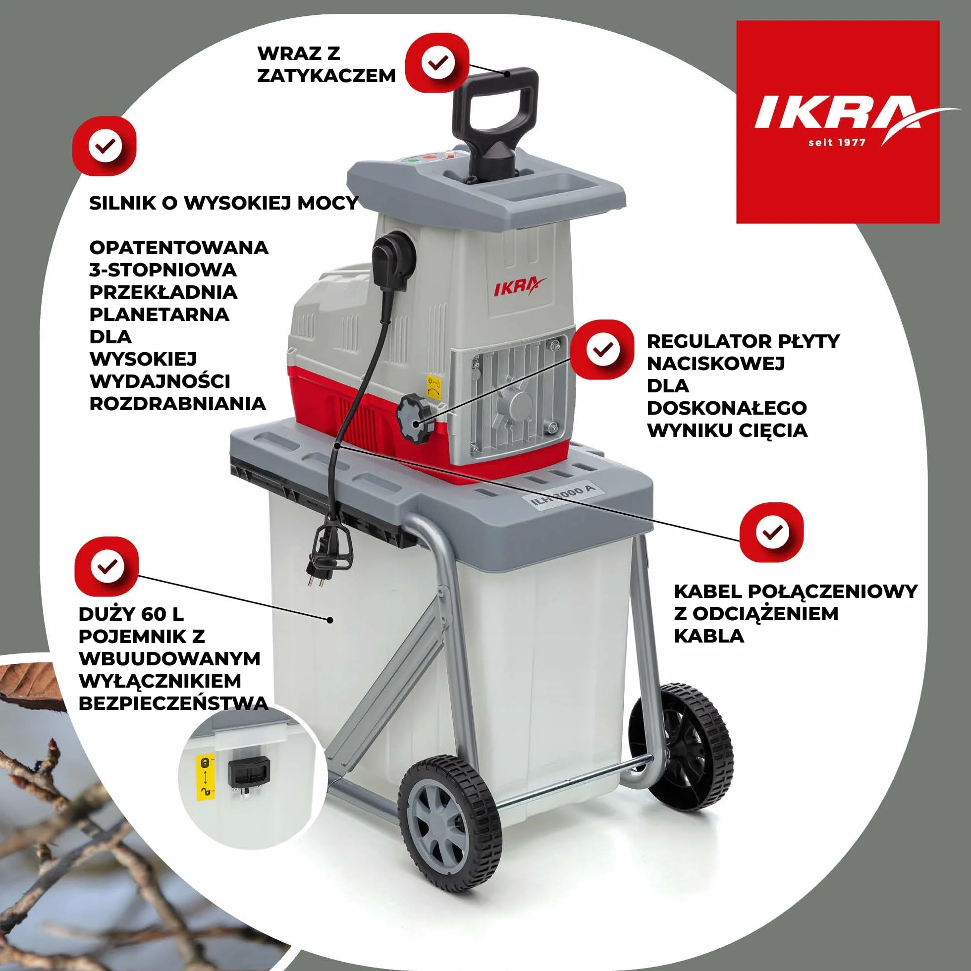 IKRA rozdrabniacz ogrodowy walcowy elektryczny ILH 3000 A 3000 W 44 mm