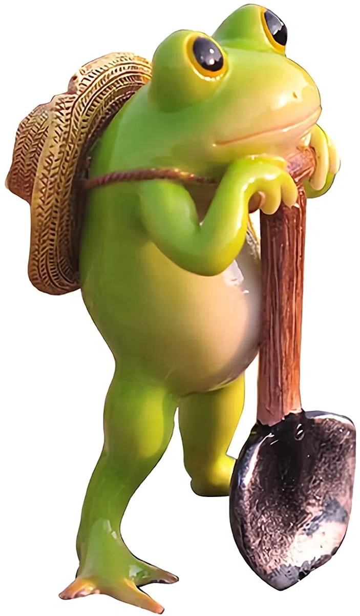 Żaba trzymająca łopata rzeźba ogrodowa, żaba rolnik doniczka figurka na zewnątrz ogród miniaturowa dekoracja krajobrazu