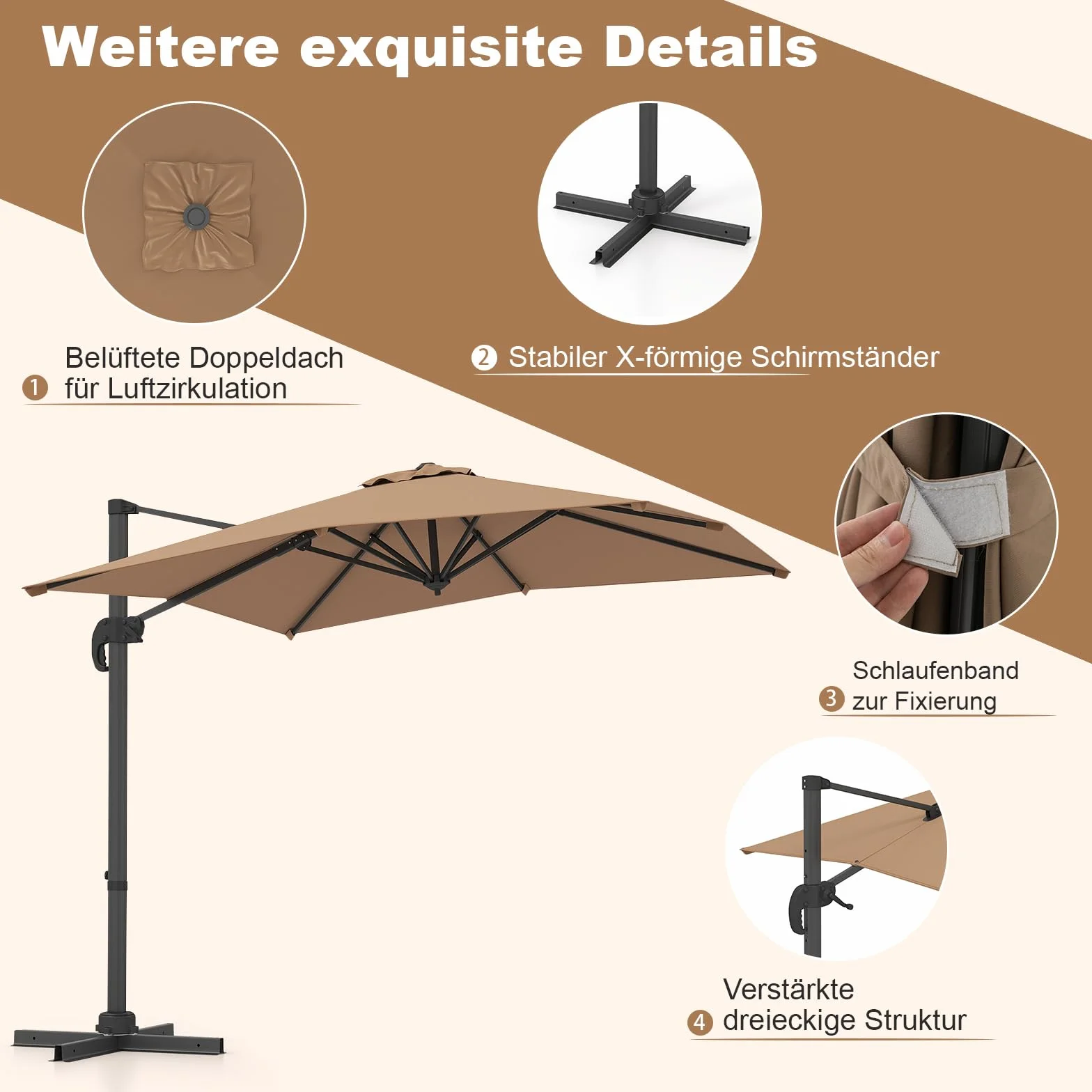 COSTWAY Parasol przeciwsłoneczny prostokątny 250x250 cm z korbą odchylany 360° ogrodowy tarasowy brązowy