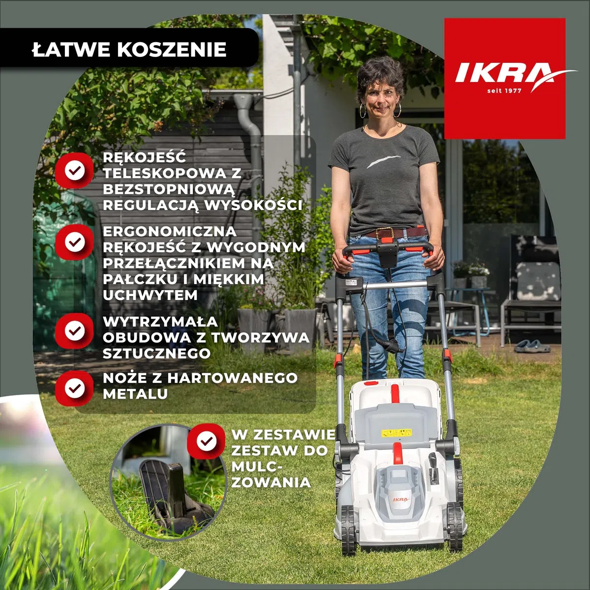 IKRA Kosiarka elektryczna IERM 2043 T, 2000W, szerokość koszenia 43 cm | 3-stopniowa regulacja uchwytu, 5 wysokości koszenia 30–75 mm, kosz 50 l i zestaw do mulczowania, hartowany nóż