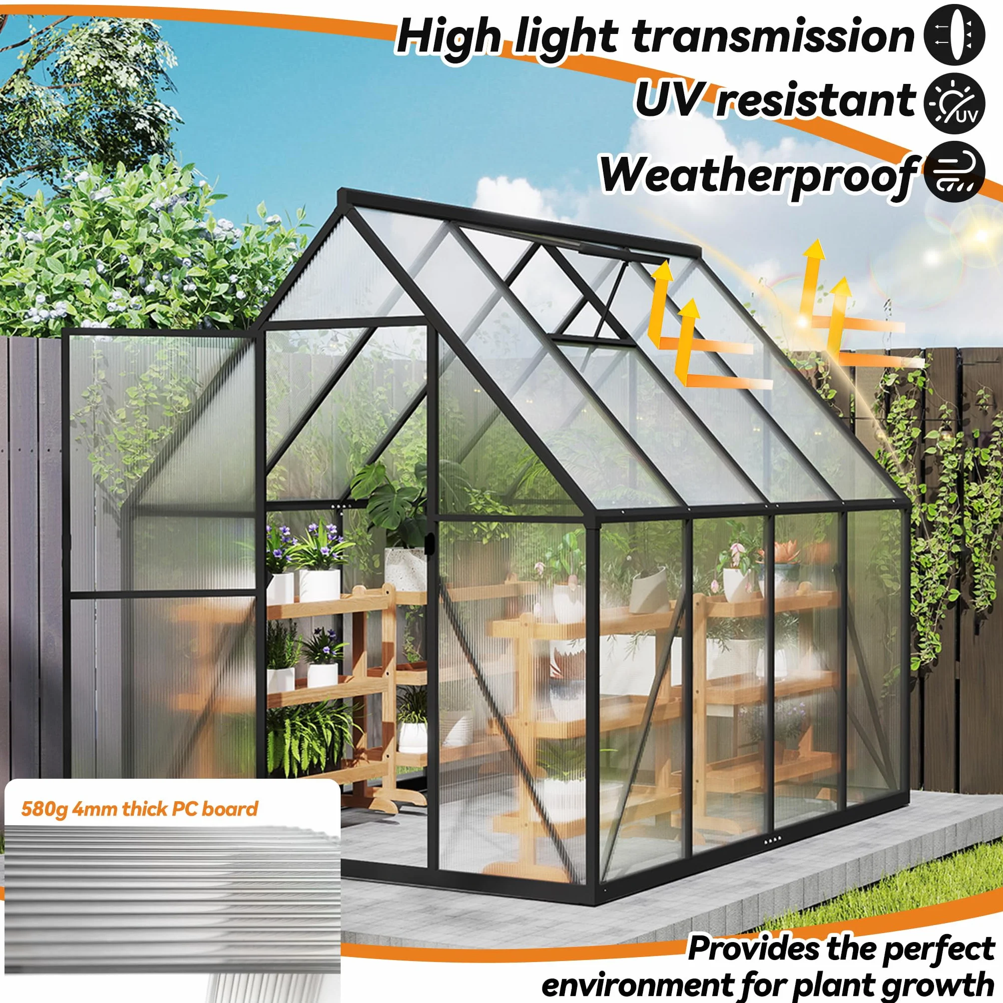 Froadp Szklarnia z aluminium z fundamentem, 230 x 180 x 195 cm, szklarnia ogrodowa 4 mm, płyty komorowe PC, odporna na warunki atmosferyczne, szklarnia na pomidory z oknami, do ogrodu i hodowli