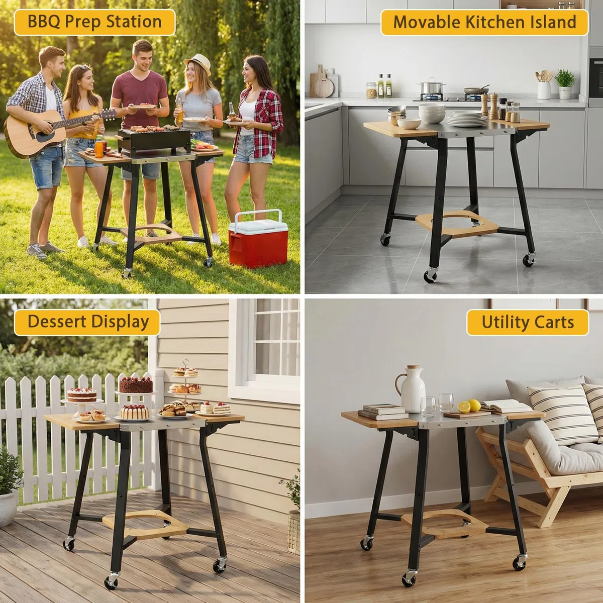 GFTIME Wózek grillowy z blatem roboczym ze stali nierdzewnej, wózek BBQ z 2 składanymi półkami bocznymi, uchwytem na butlę gazową i kółkami, mobilny wózek kuchenny do grilla, pieca do pizzy i ogrodu
