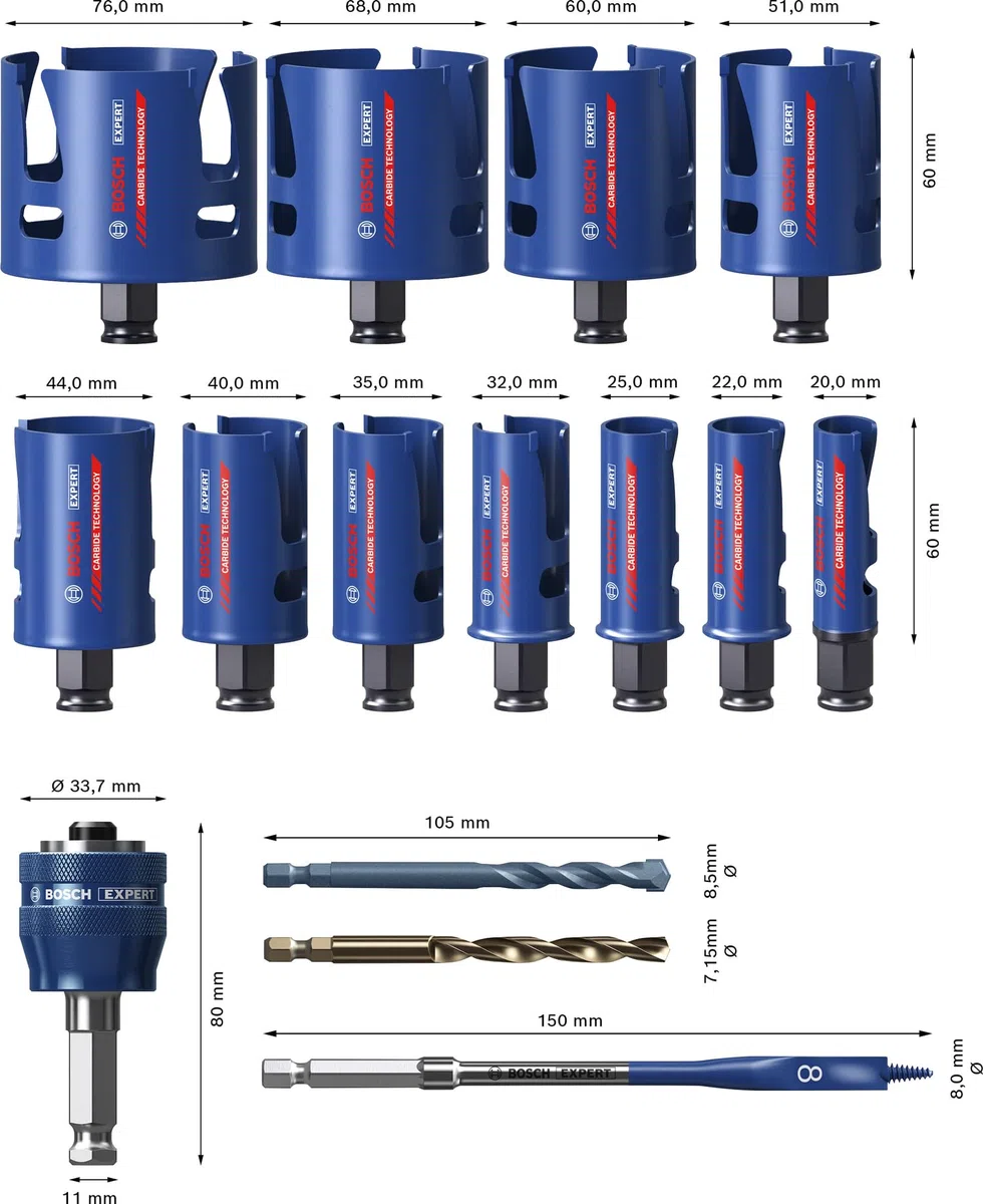 Bosch 15x Zestaw uniwersalnych otwornic EXPERT Construction Material PC Plus (do Miękkie drewno, Płyta wiórowa, Ø 20, 22, 25, 32, 35, 40, 44, 51, 60, 68, 76 mm, Professional Akcesoria Wiertarki)