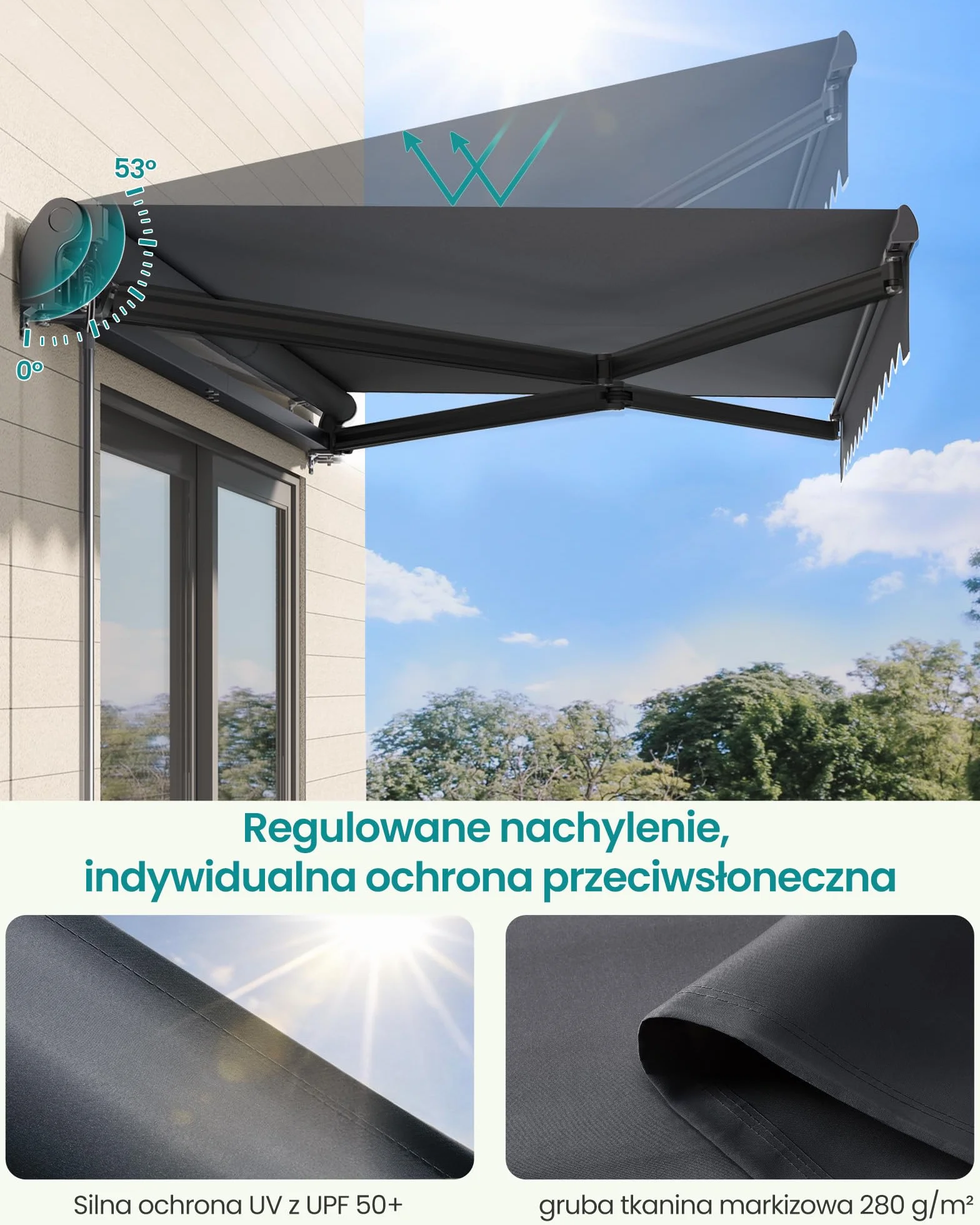 SONGMICS Markiza przegubowa, markiza z korbą ręczną, ochrona przed słońcem, UPF 50+, stop aluminium, regulowana, 300 x 250 cm, szara GSA306GZ01