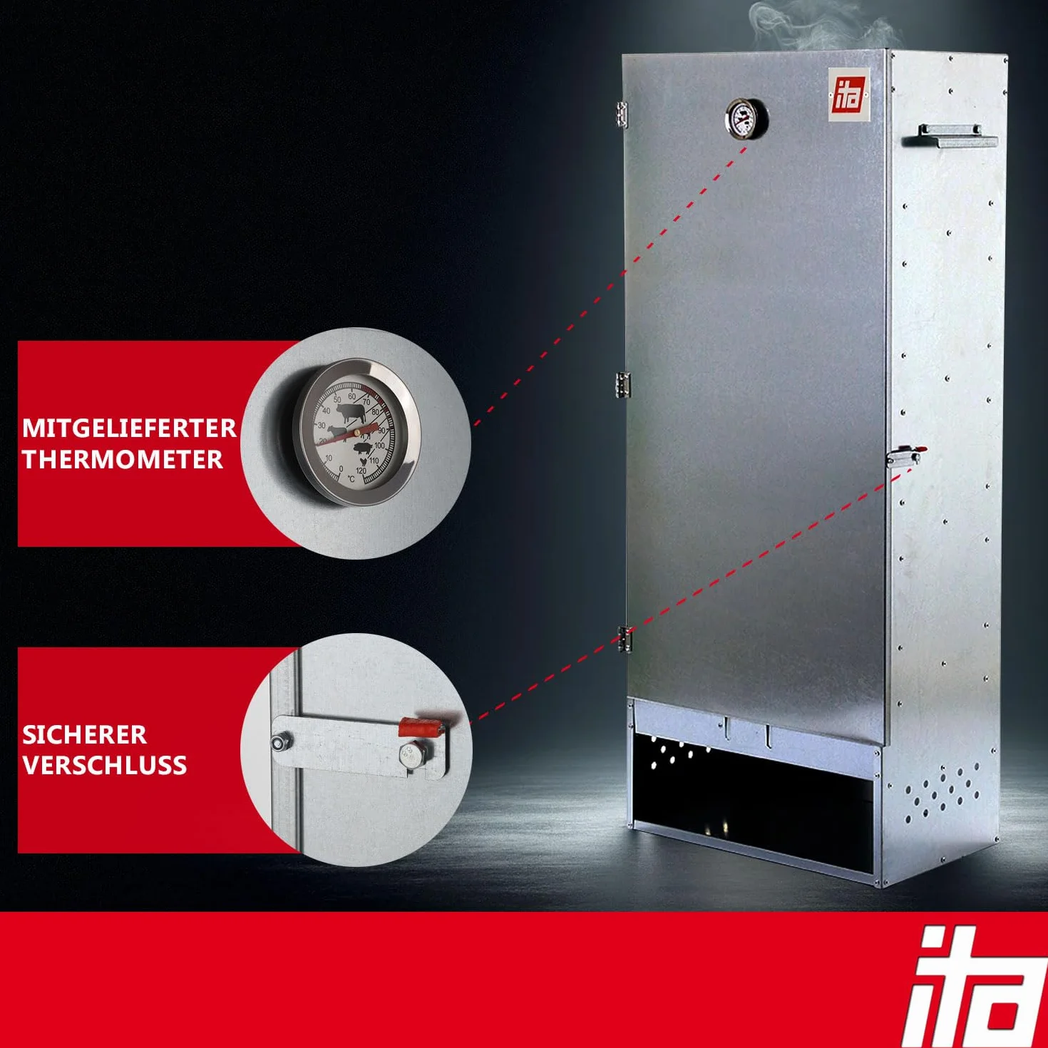 ITA Elektryczny piec wędzarniczy 7003 – zestaw wędzarniczy z ogrzewaniem, generator dymu – szafka wędzarnicza XL z termometrem – stal stopowa – jakość UE, bezpośrednio od producenta – 111 cm z 4
