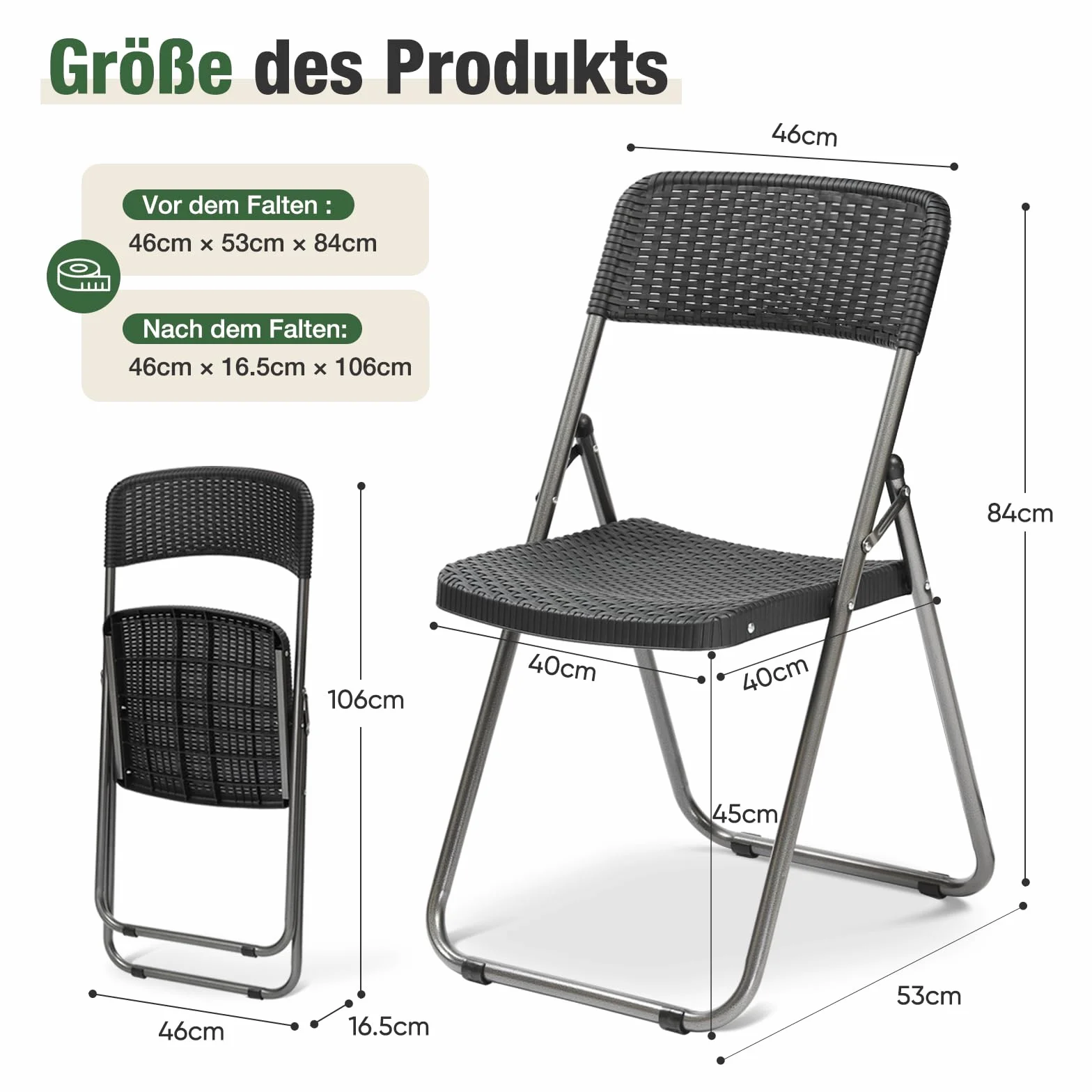 Sekey rattanowe krzesło ogrodowe, składane, 6 sztuk, 200 kg, 46 x 53 x 84 cm, wodoszczelne, na balkon, do ogrodu, zestaw krzeseł ogrodowych, czarne