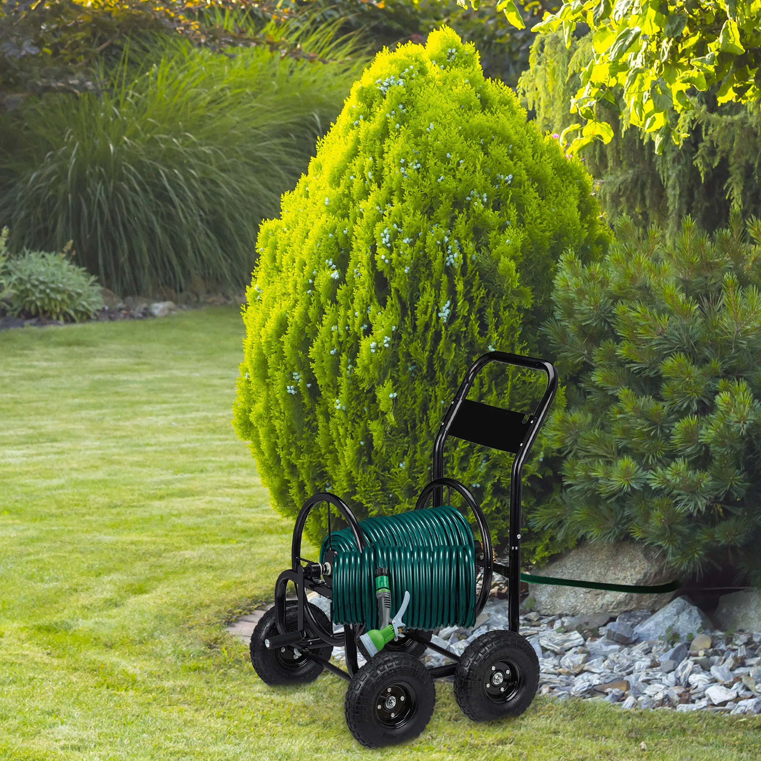 Wózek na wąż Relaxdays metalowy, mobilny bęben na wąż, metalowy, do 75 m węża, z korbą ręczną, 4 koła, czarny