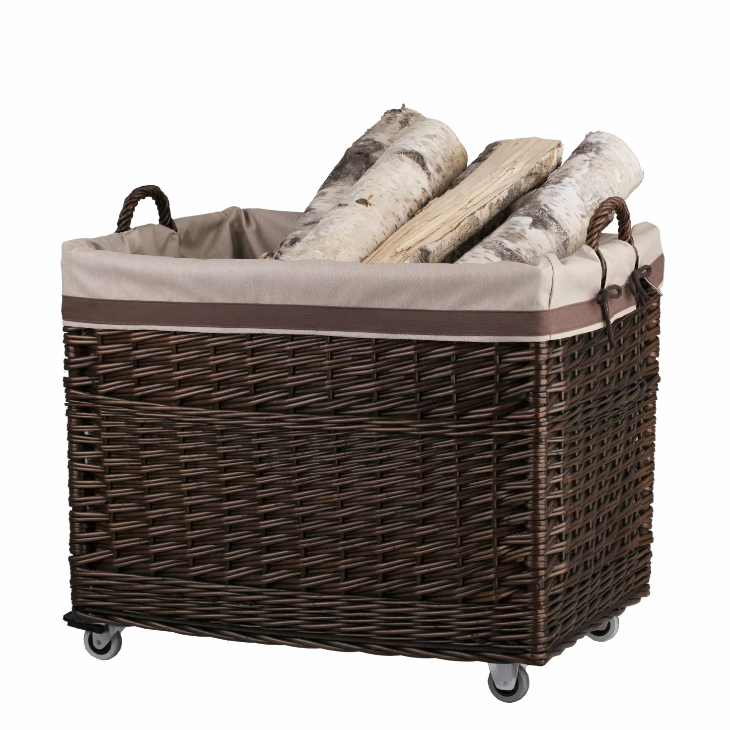 e-wicker24 Kosz kominkowy, kosz na kółkach z materiałowym obszyciem, skrzynia do przechowywania