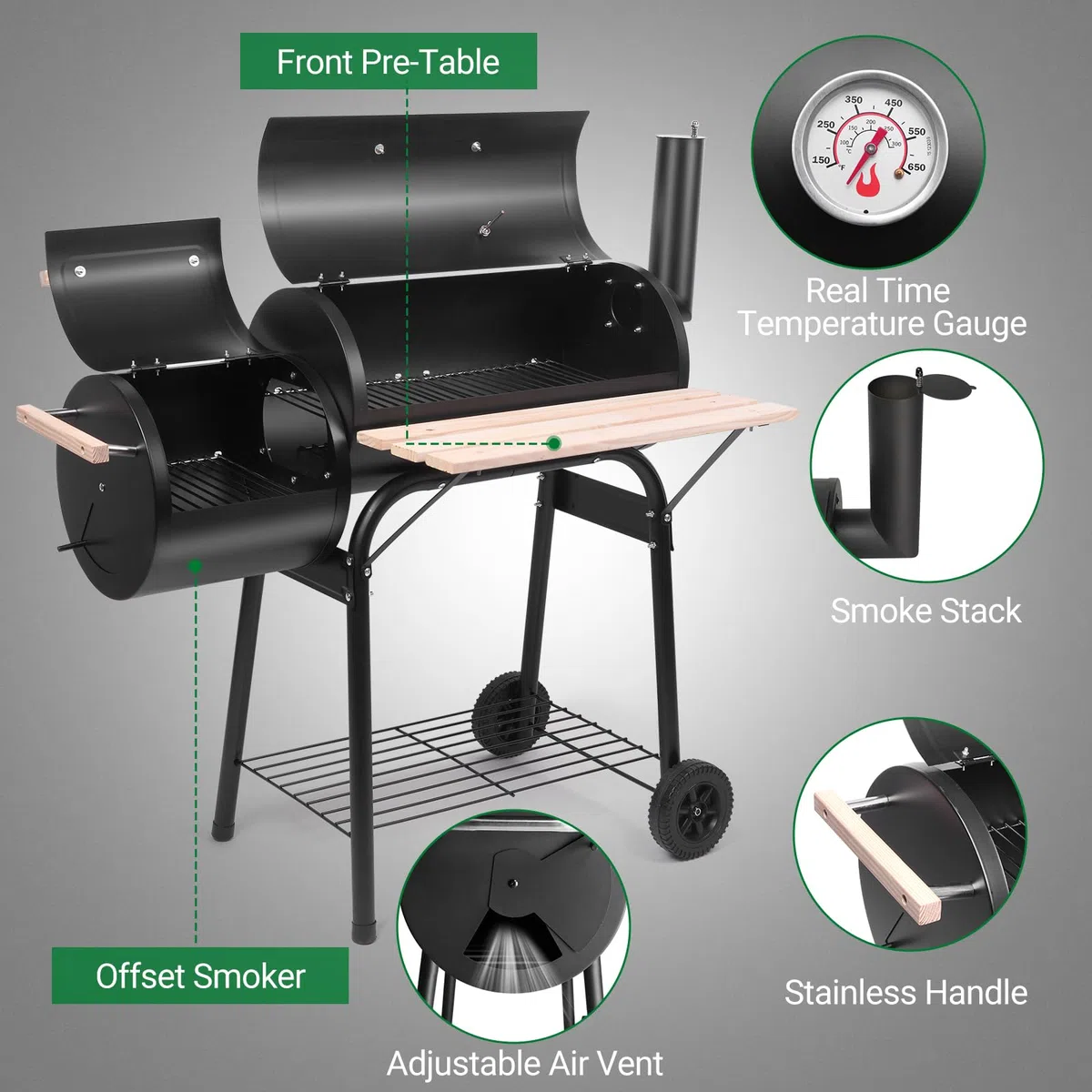 Outvita Grill na węgiel drzewny, na zewnątrz, patio, grill z palnikiem offsetowym, kółkami i tacą, na piknik balkonowy, imprezę i kemping