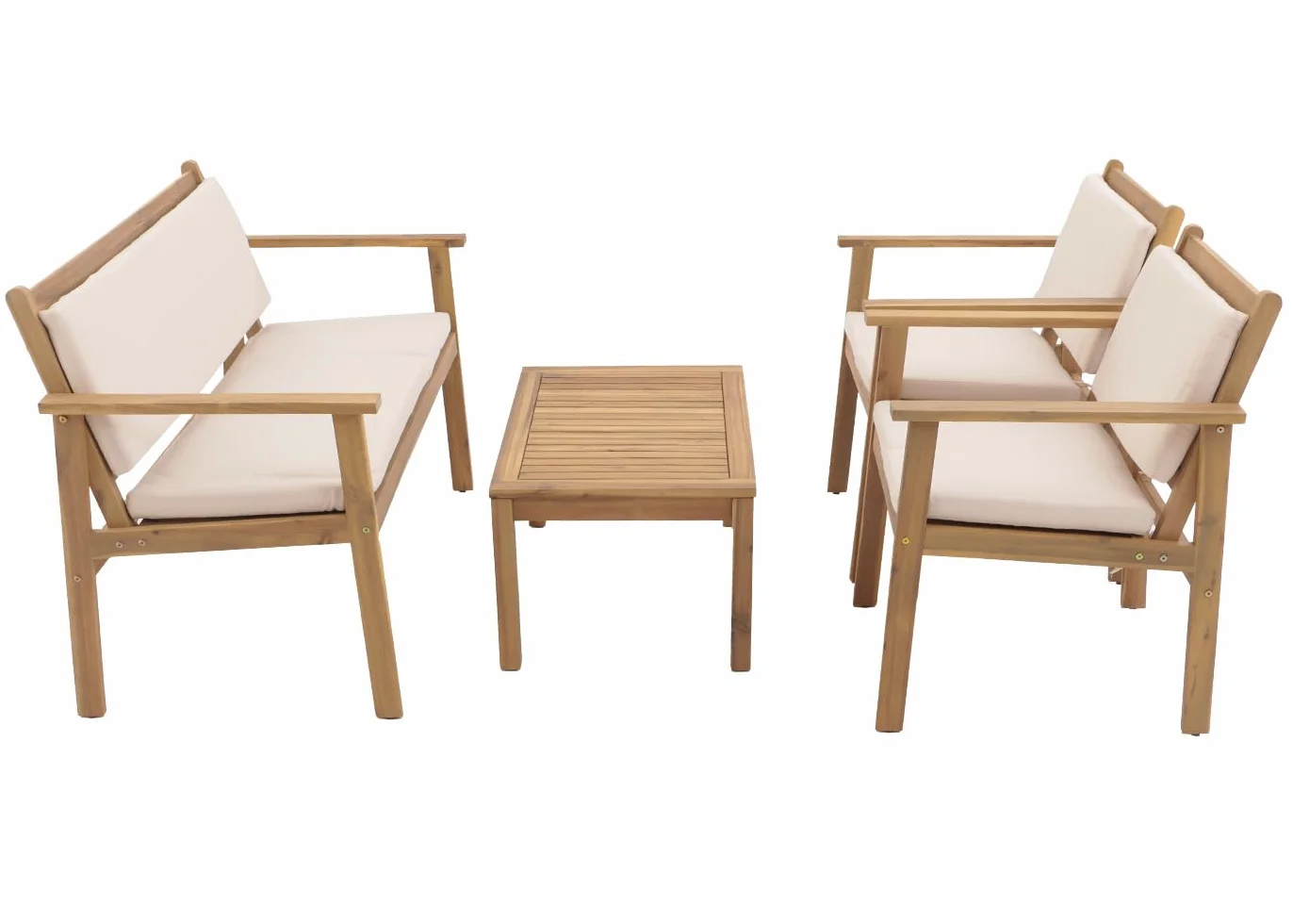 Mendler komplet mebli ogrodowych HWC-O19, zestaw wypoczynkowy siedzisk ławka fotel stół, drewno akacja FSC® tkanina/tekstyl (180g/m²) - poduszka beżowa