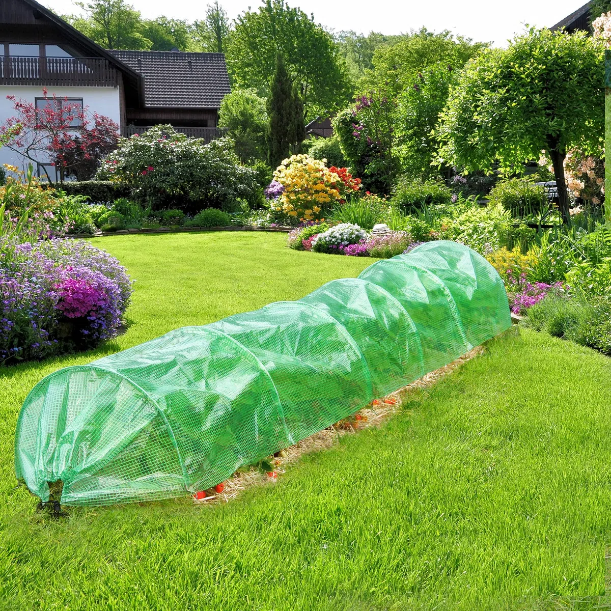 ECD Germany Tunel Foliowy Roślinny 300x55x35 cm 3m Przezroczysty/Zielony Folia PE-Siatka 135 g/m² z 6 Zakrzywionymi Drutami Stalowymi Ø 2mm, Szklarnia Chłodnia