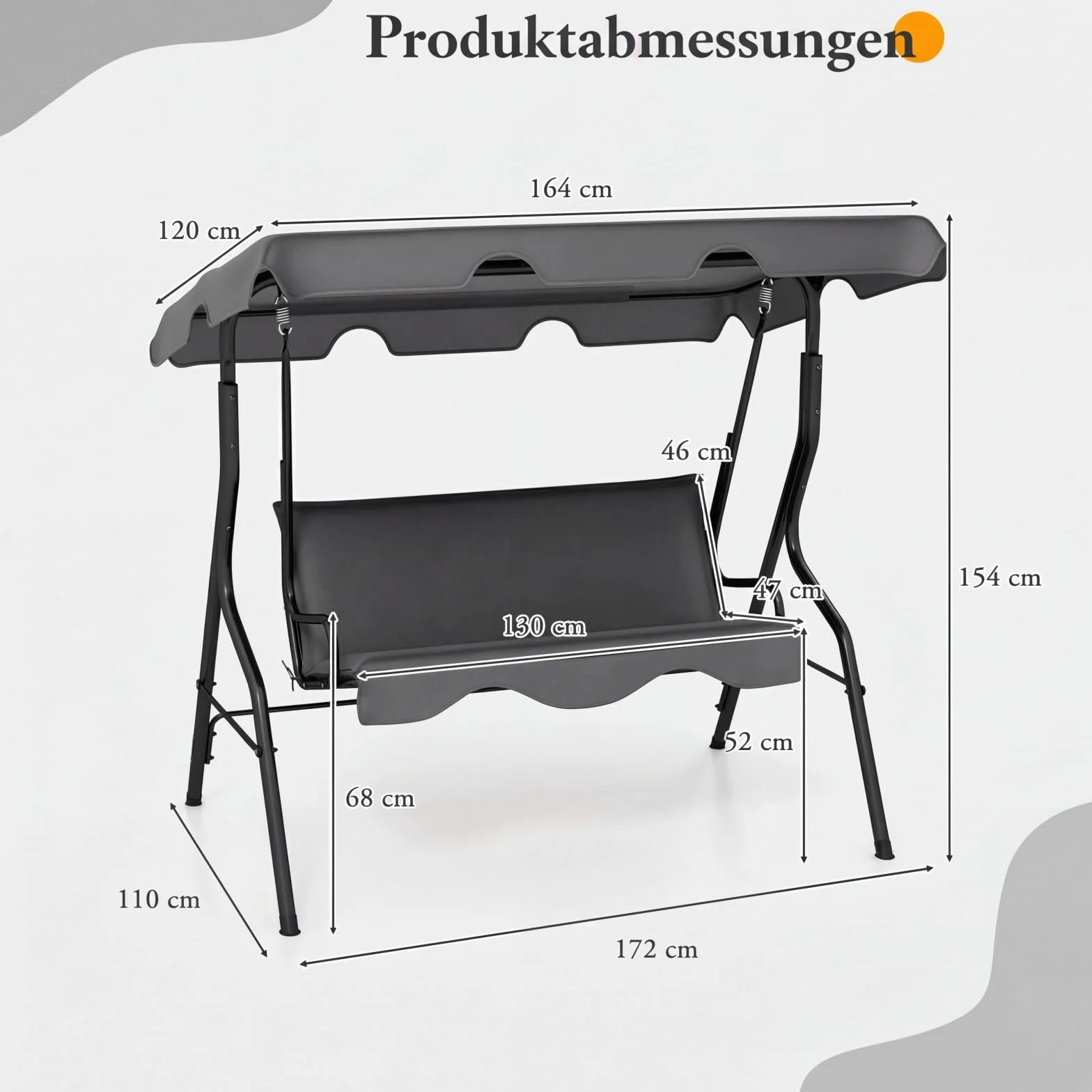 COSTWAY 3-osobowa huśtawka ogrodowa z regulowanym dachem 172 x 110 x 154 cm szara