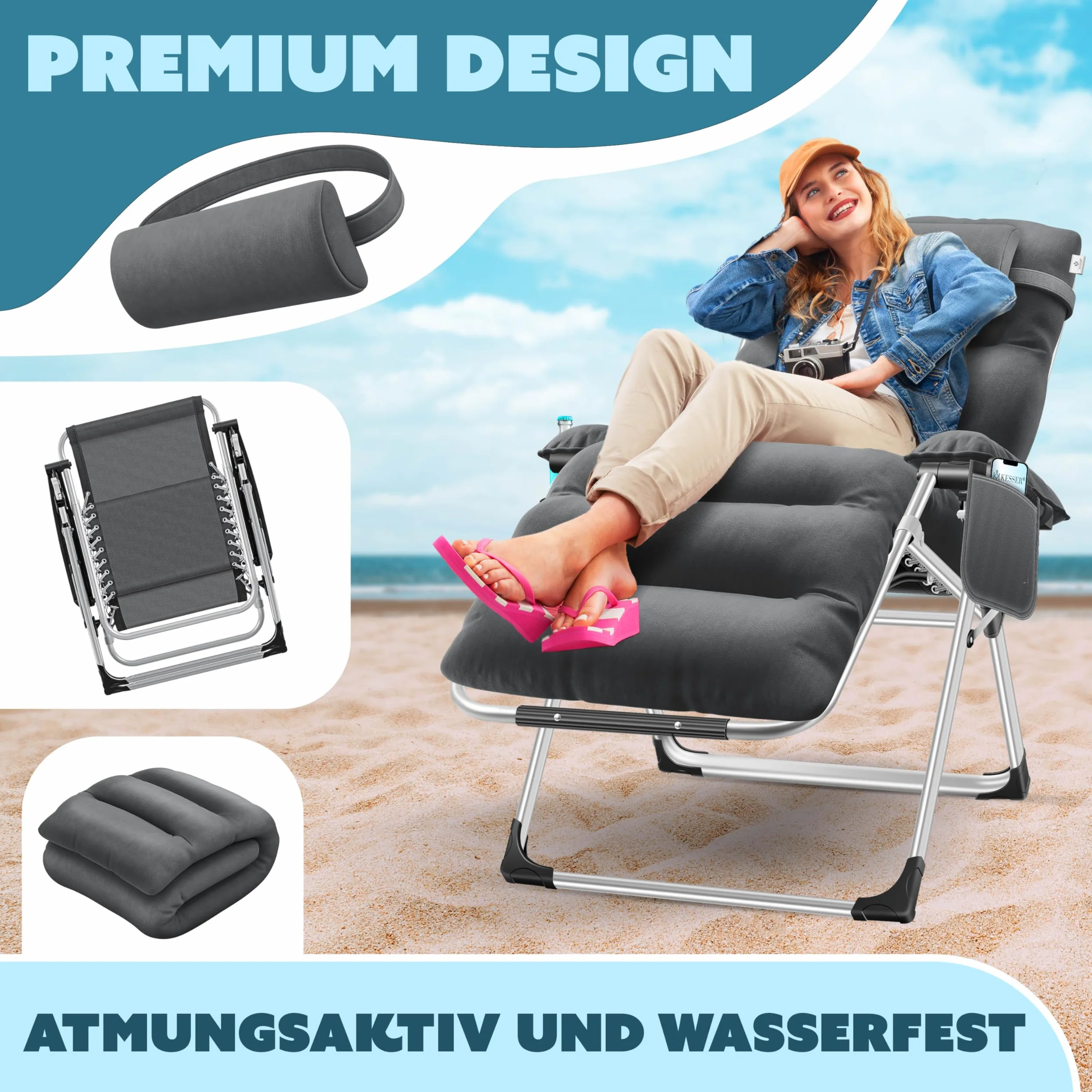 KESSER® Leżak słoneczny Fotel leżący, Leżak ogrodowy bardzo szeroki i odporny na warunki atmosferyczne, Wytrzymałość 200 kg, Ergonomiczna poduszka regulowane oparcie w zestawie poduszka pod kark