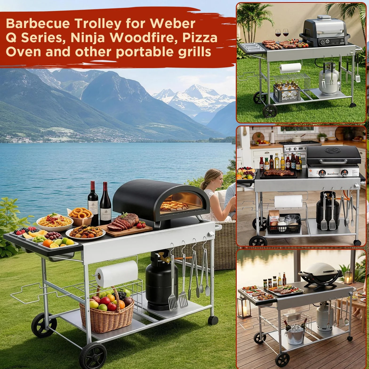 Denmay Wózek grillowy do grilla Weber z serii Q, Ninja Woodfire, piec do pizzy, grill stołowy, do pizzy, piekarnika do pizzy, wózek do serwowania z dużą powierzchnią roboczą, stół do grillowania