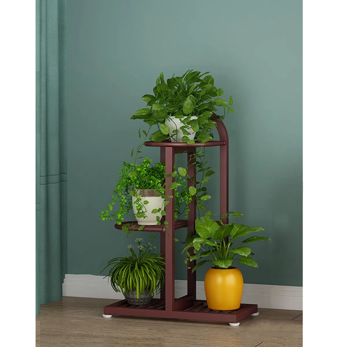 Wysoki stojak na rośliny do wnętrz 3-poziomowy narożny stojak ekspozycyjny na wiele roślin doniczkowych stylowy brązowy uchwyt 45 cm x 21,8 cm x 52 cm idealny do wystroju domu i miłośników roślin