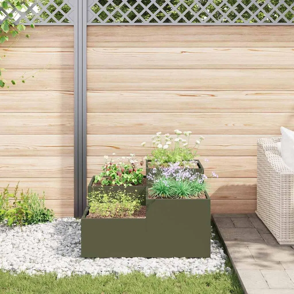 Oliwkowa zieleń ogrodowa osłona 100 x 100 x 48 cm stal | Prostokątny, drenażowy otwarty dno, prosty montaż, na taras i ogród