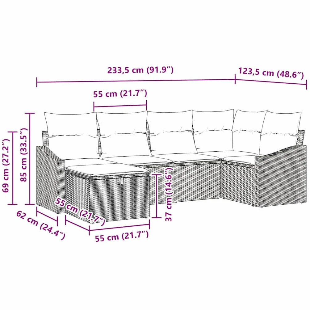 vidaXL Zestaw Sof z poduszką 7 pcs polirattan modułowa na taras ogród
