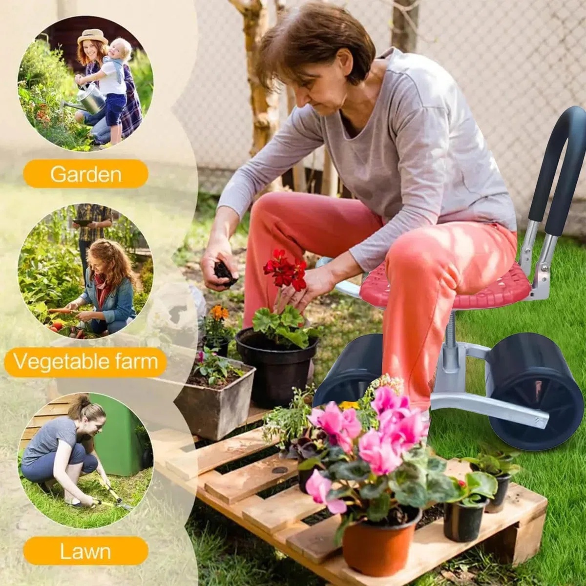 Générique Koła stołka ogrodowego, obrotowe krzesło ogrodowe z regulowaną wysokością, siedzenia ogrodowe dla seniorów, składany uchwyt kierownicy skutera ogrodowego do prac podwórkowych