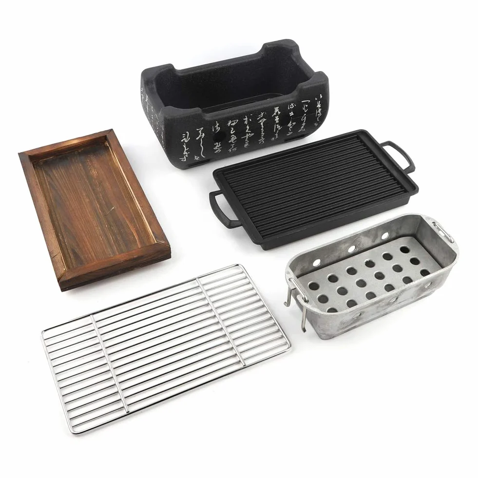 Japoński piec do grillowania, grill BBQ, 24 x 12,5 x 11,5 cm, mini grill stołowy z blachą do pieczenia, kratką drucianą i podstawą drewnianą, przenośny grill na piec, japoński piec na węgiel drzewny