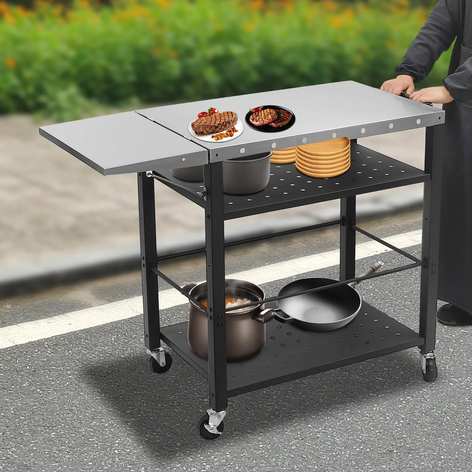 Mobilny grill na kółkach, stół kuchenny, idealny na kemping i ogród