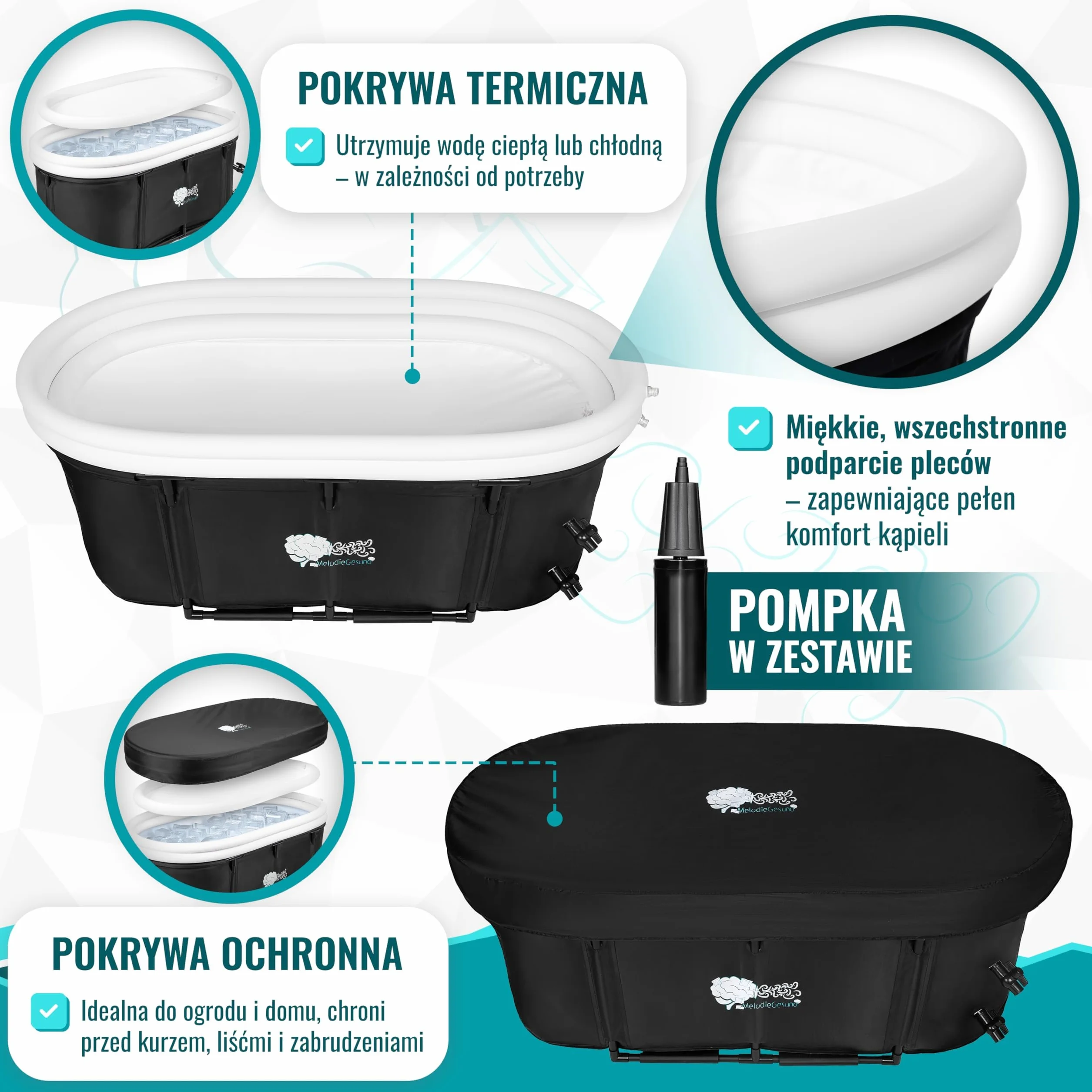Mobilna wanna dla dorosłych – Składana wanna 147×74×60 cm – W zestawie z akcesoriami do gorących i lodowych kąpieli, wolnostojąca i przenośna, do użytku w domu oraz na zewnątrz – MelodieGesund