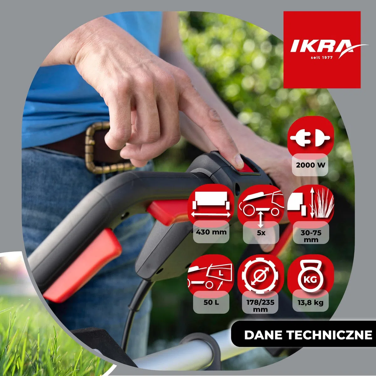 IKRA Kosiarka elektryczna IERM 2043 T, 2000W, szerokość koszenia 43 cm | 3-stopniowa regulacja uchwytu, 5 wysokości koszenia 30–75 mm, kosz 50 l i zestaw do mulczowania, hartowany nóż