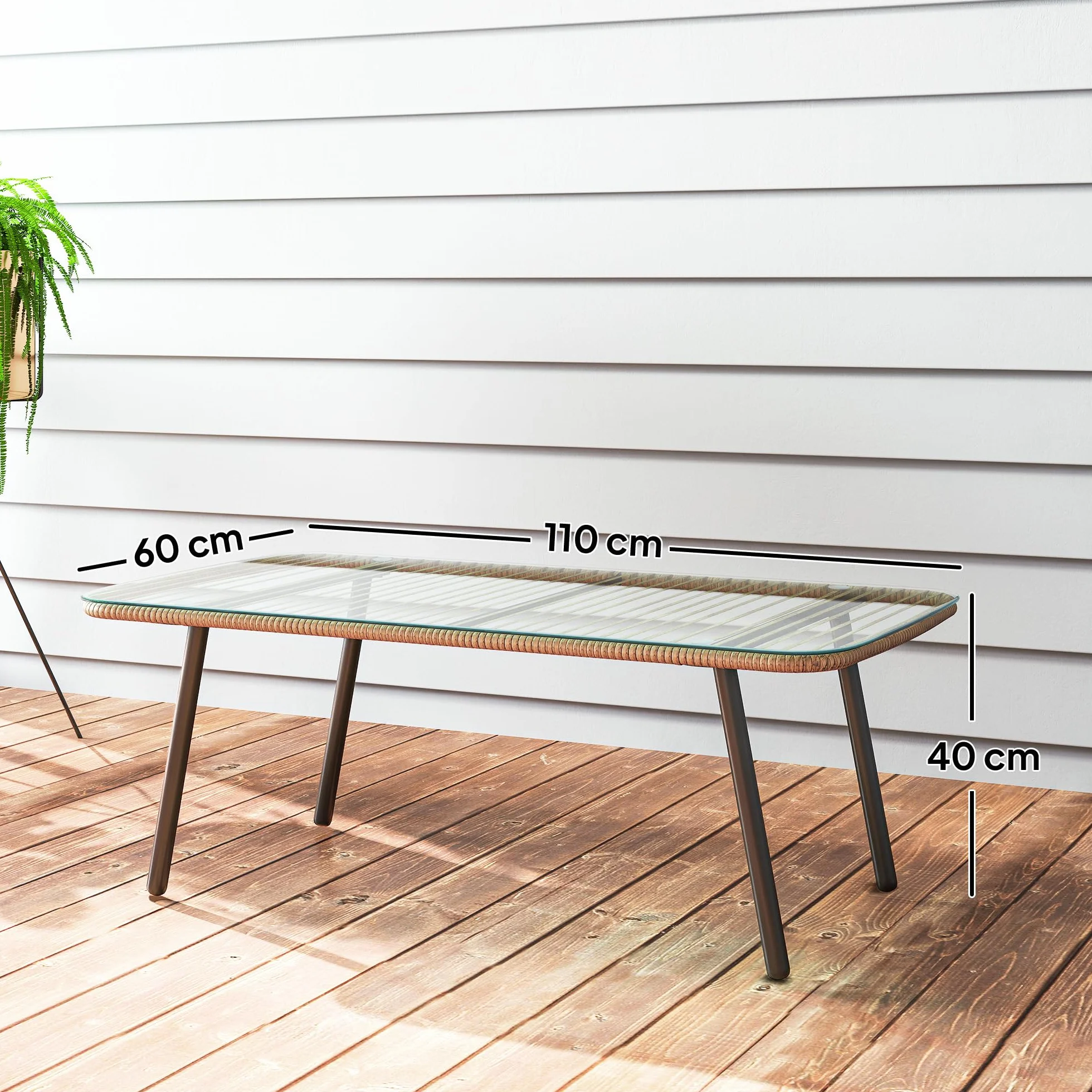Outsunny Stolik ogrodowy z plecionej żywicy, blat ze szkła hartowanego, stolik pomocniczy do użytku na zewnątrz, do ogrodu, na taras, patio, balkon, stalowa rama, 110 x 60 x 40 cm, z efektem