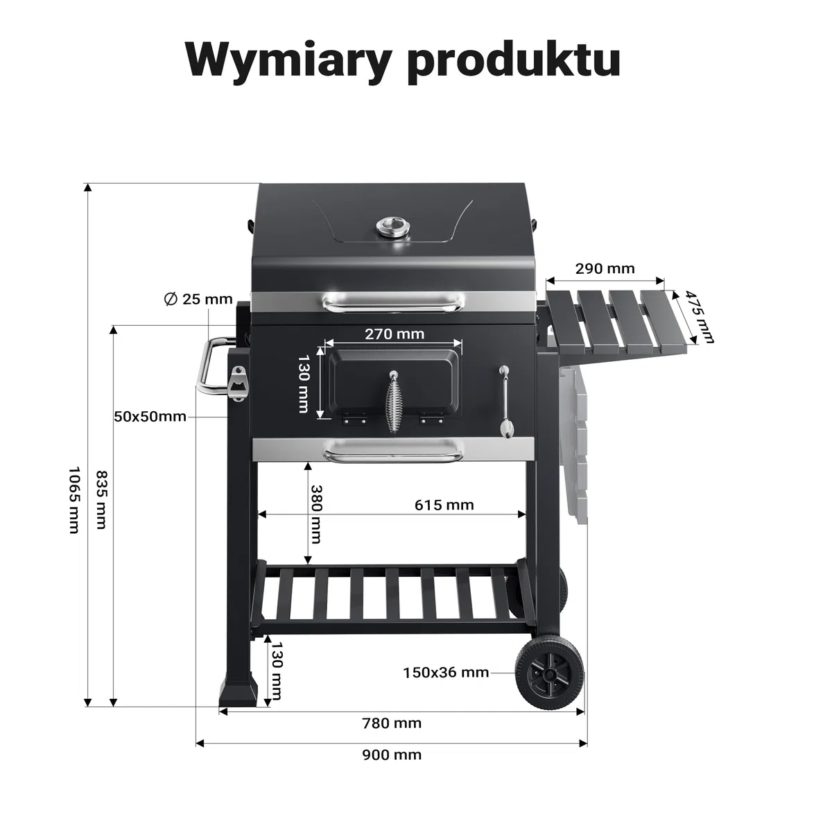 Wiltec Grill węglowy z pokrywą, termometrem i regulacja wysokości półki, prostokątny mobilny grill stojący ze stali do grillowania w ogrodzie