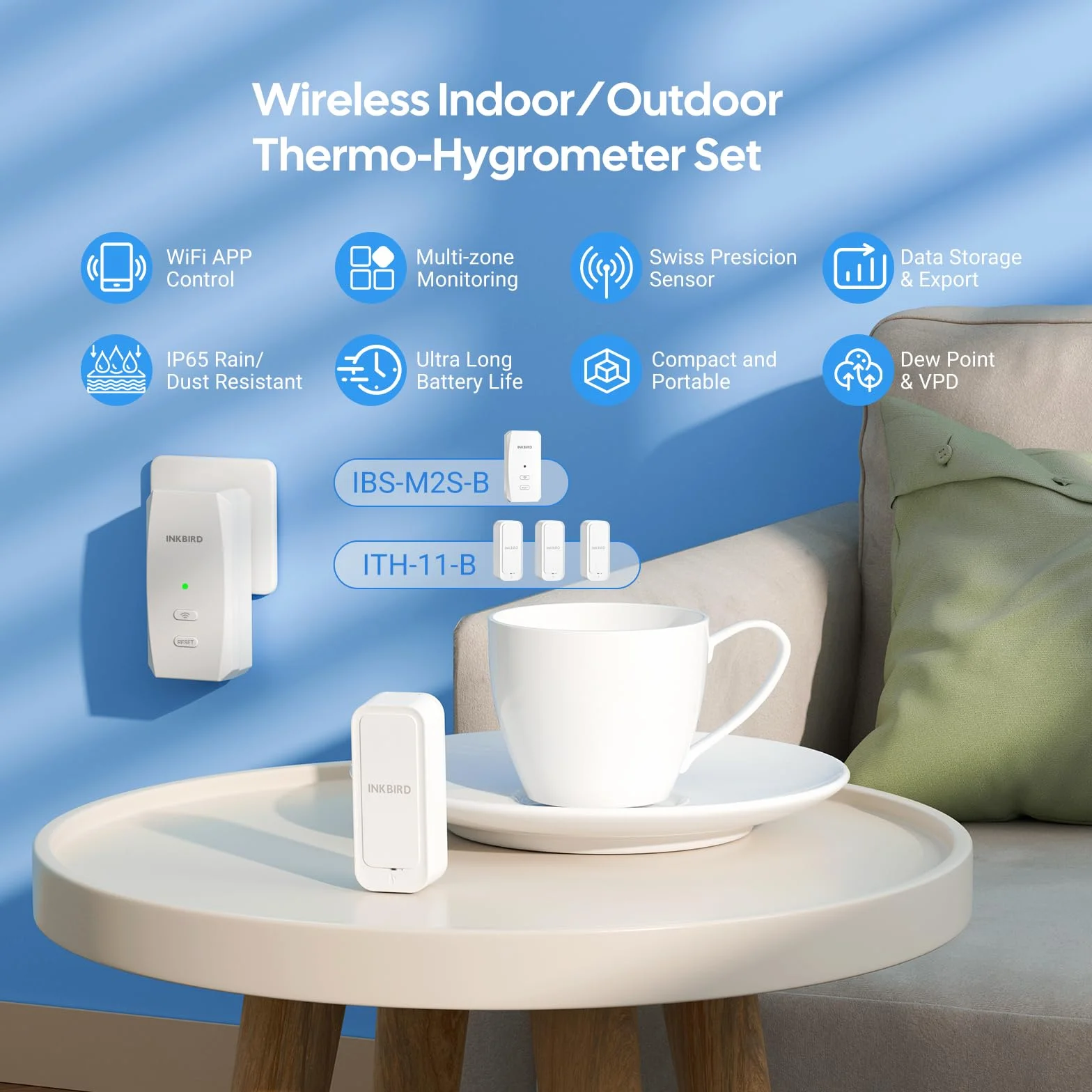 INKBIRD ITH-11-B czujnik temperatury Bluetooth, czujnik wilgotności z bramką WiFi IBS-M2S-B, czujnik temperatury, wilgotności, idealny do użytku wewnątrz i na zewnątrz