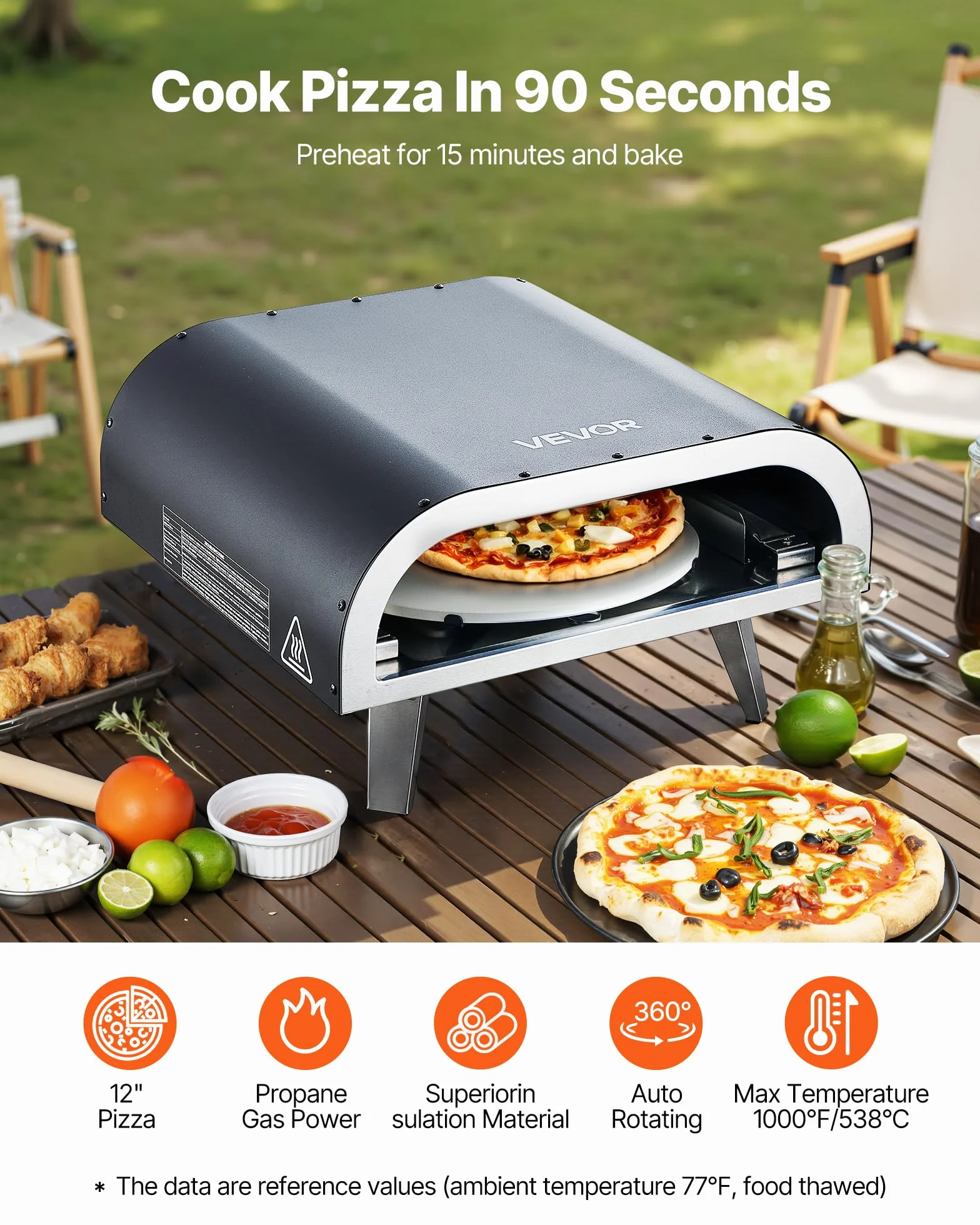VEVOR Zewnętrzny piekarnik do pizzy, 304,8 mm, propan, elektryczny obrót, kamień do pizzy, torba transportowa, czarny